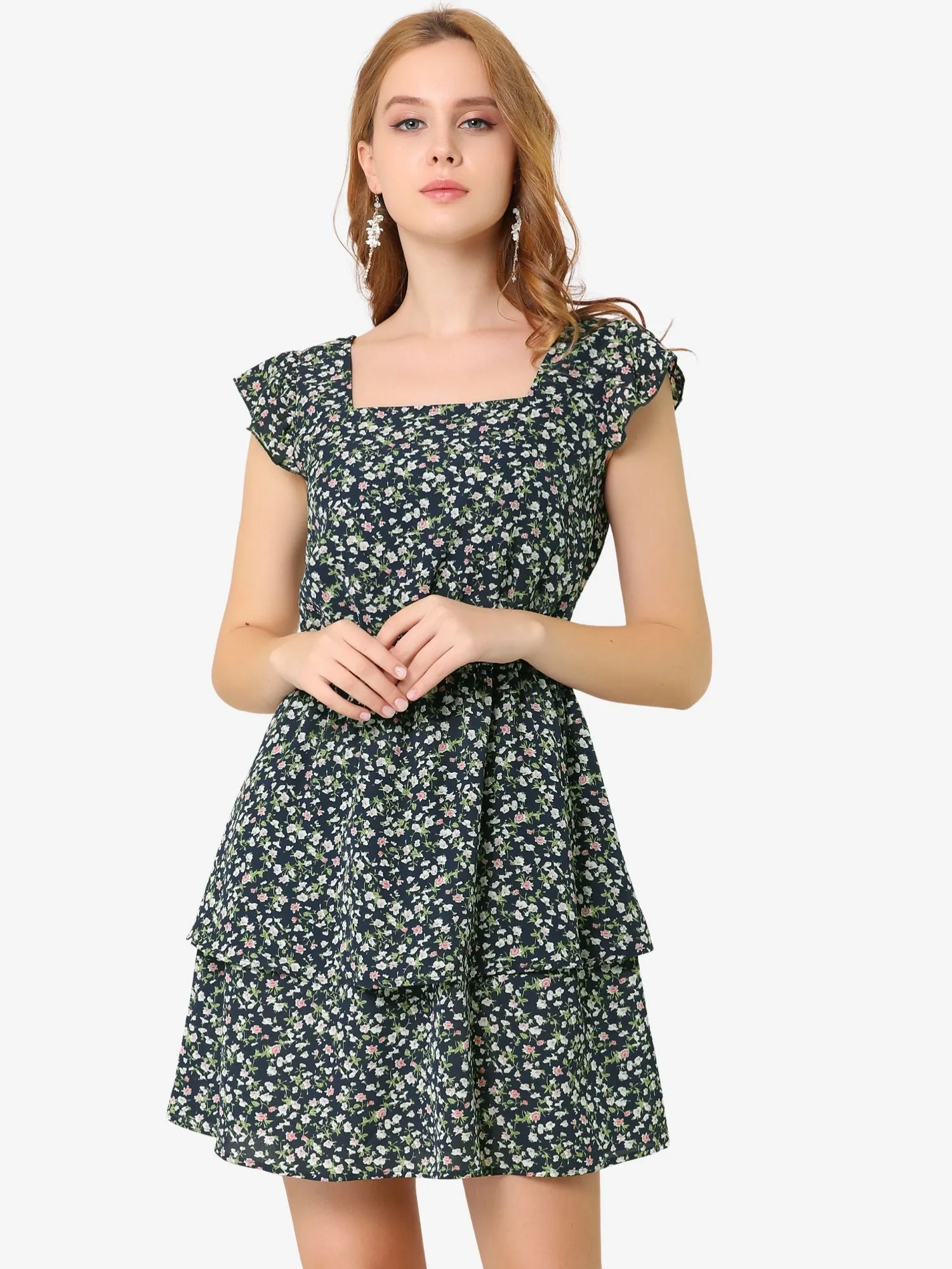 Short Sleeve Square Neck Elastic Waist Layered Floral Mini Dress sold by Allegra K