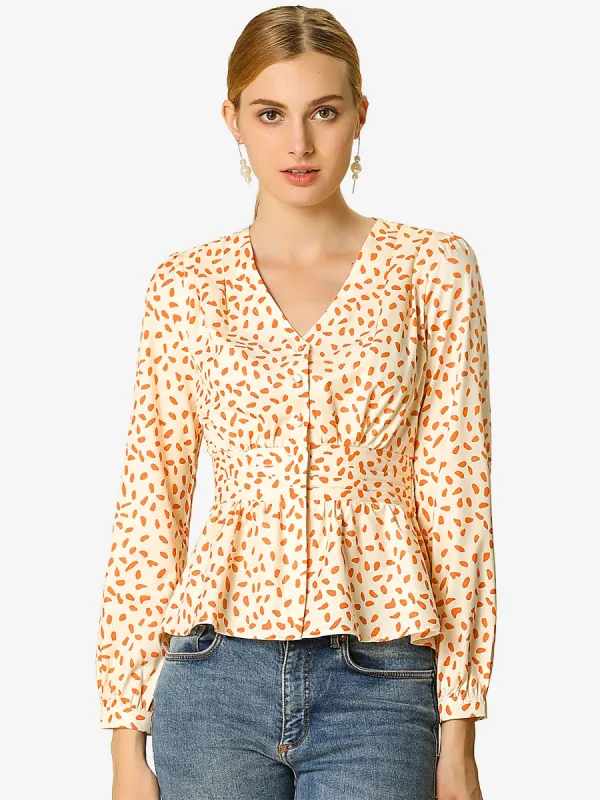 Elegant V Neck Dots Print Smocked Ruffled Hem Button Peplum Blouse sold by Allegra K