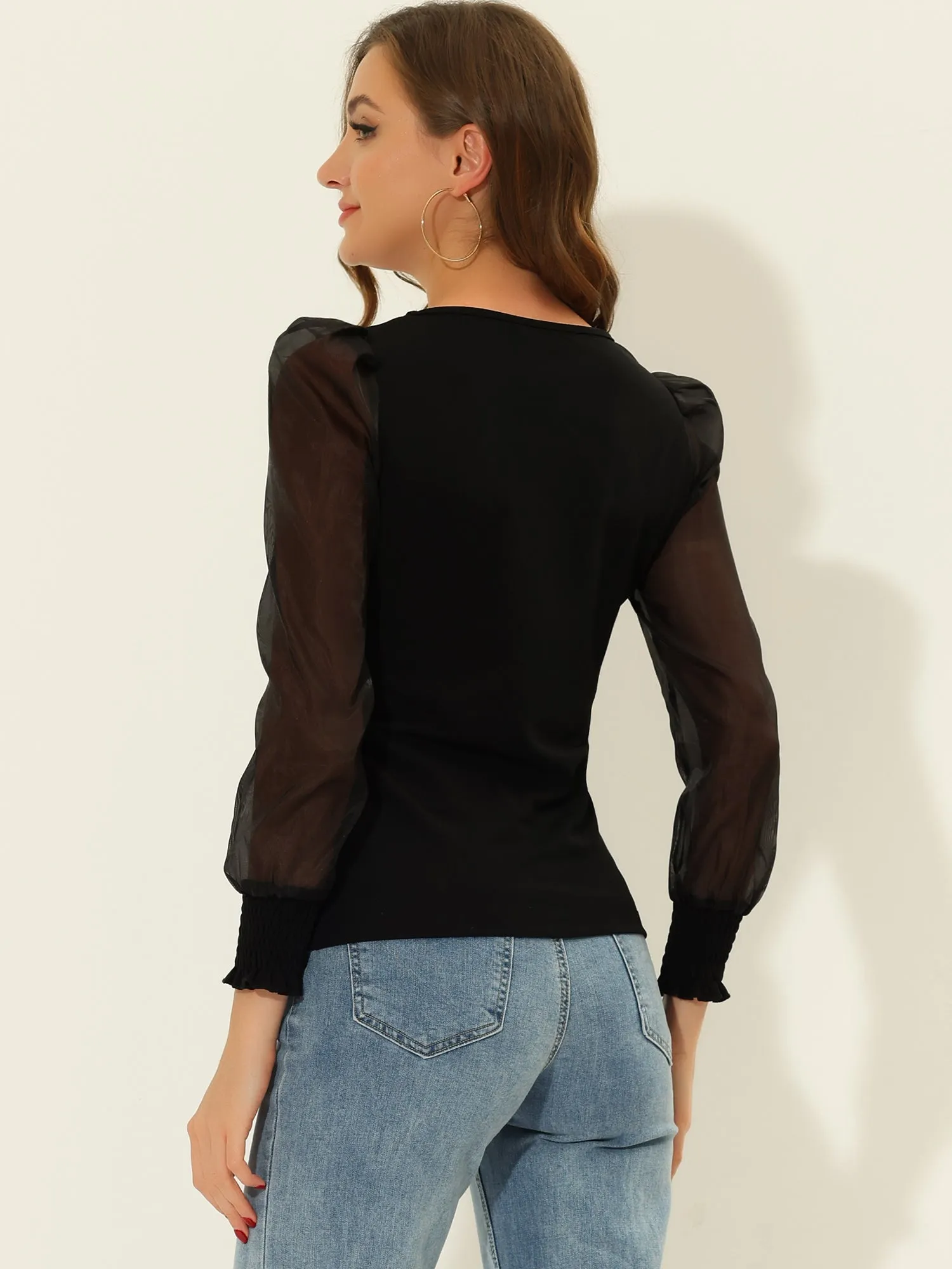 Mesh Sheer Long Sleeve Round Neck Puff Solid Work Blouse Party Tops sold by Allegra K product image thumbnail 3