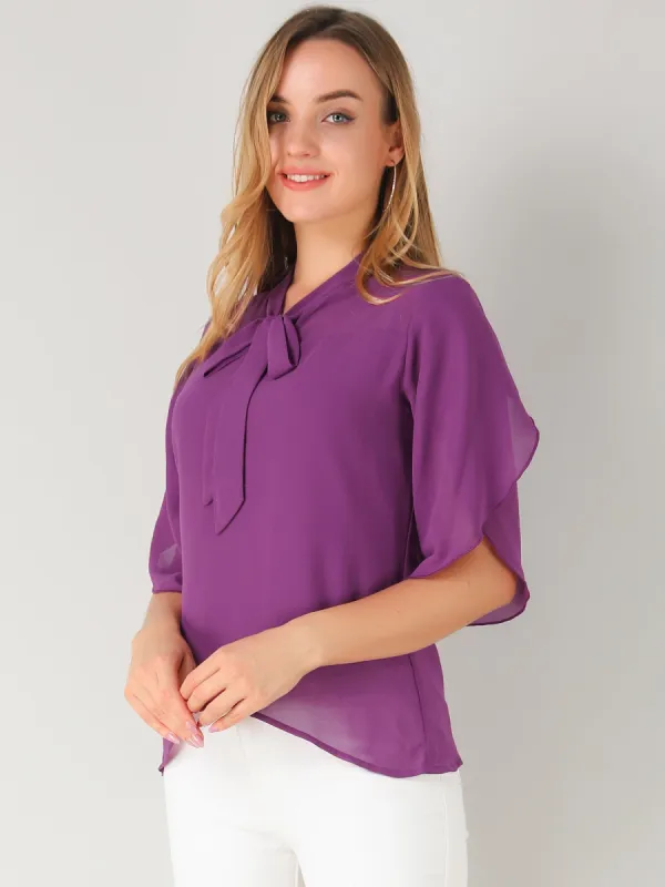 Tie Neck Loose Layered Asymmetrical Hem Chiffon Blouse Top made by Allegra K