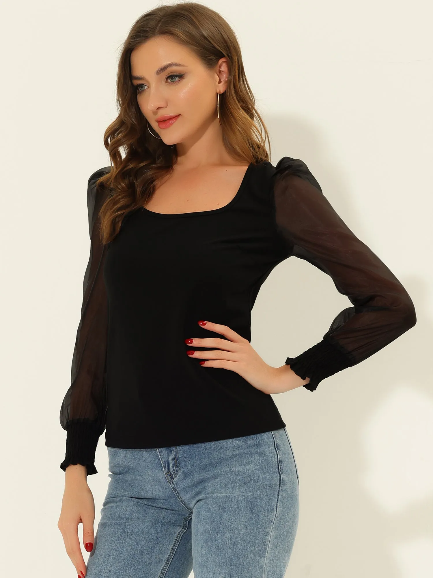 Mesh Sheer Long Sleeve Round Neck Puff Solid Work Blouse Party Tops sold by Allegra K product image thumbnail 2