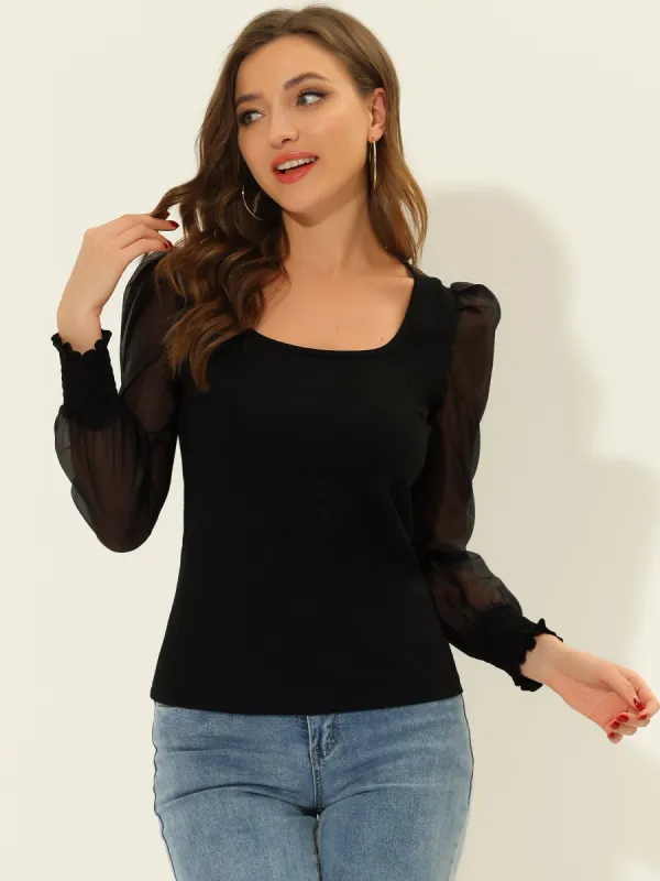 Mesh Sheer Long Sleeve Round Neck Puff Solid Work Blouse Party Tops sold by Allegra K