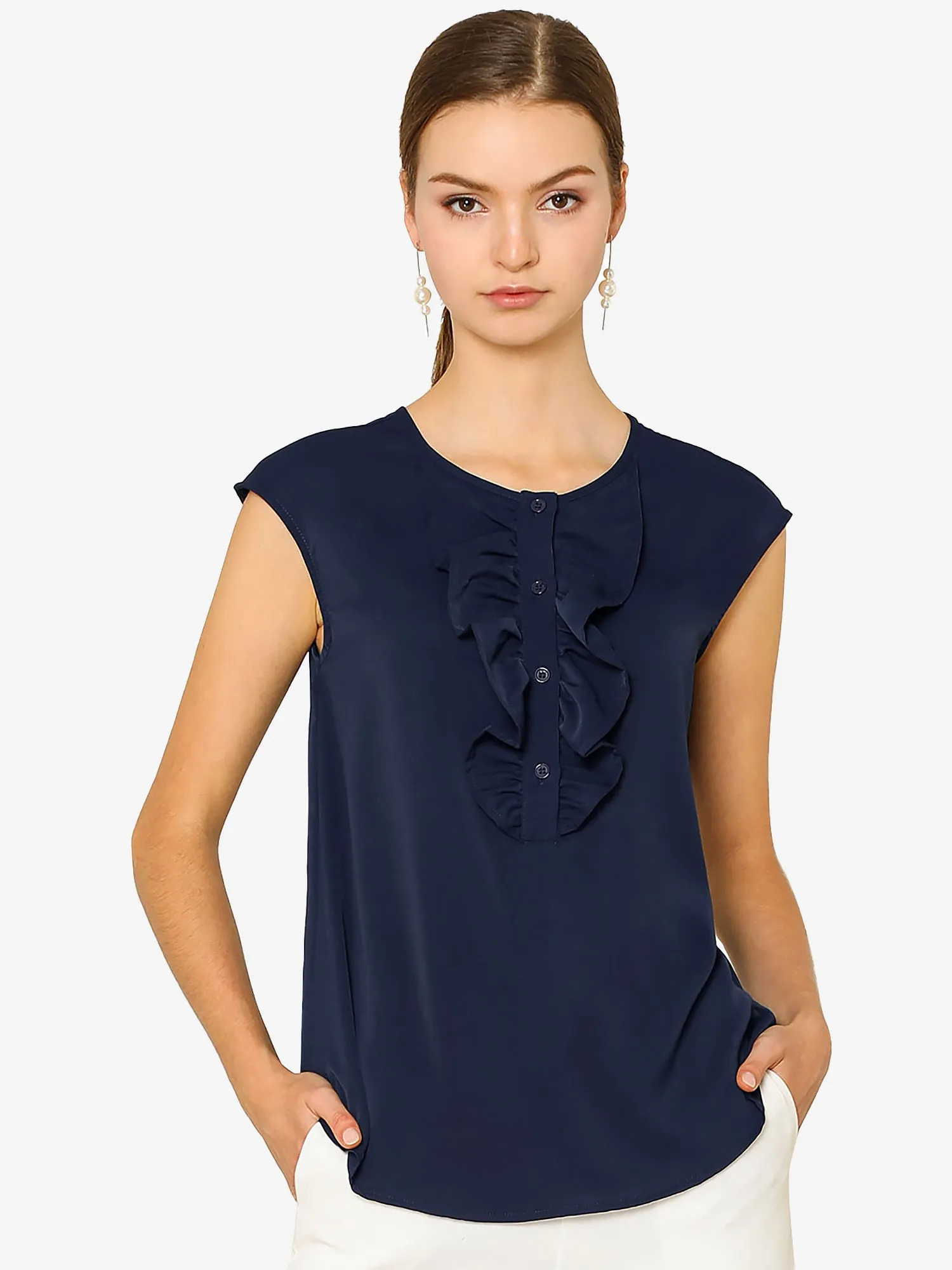 Ruffled Sleeveless Blouse Office Work Chiffon Top sold by Allegra K