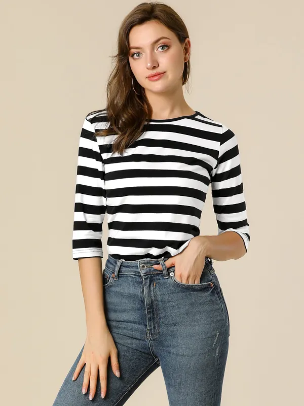 Striped 3/4 Sleeve Round Neck Casual T-Shirt sold by Allegra K