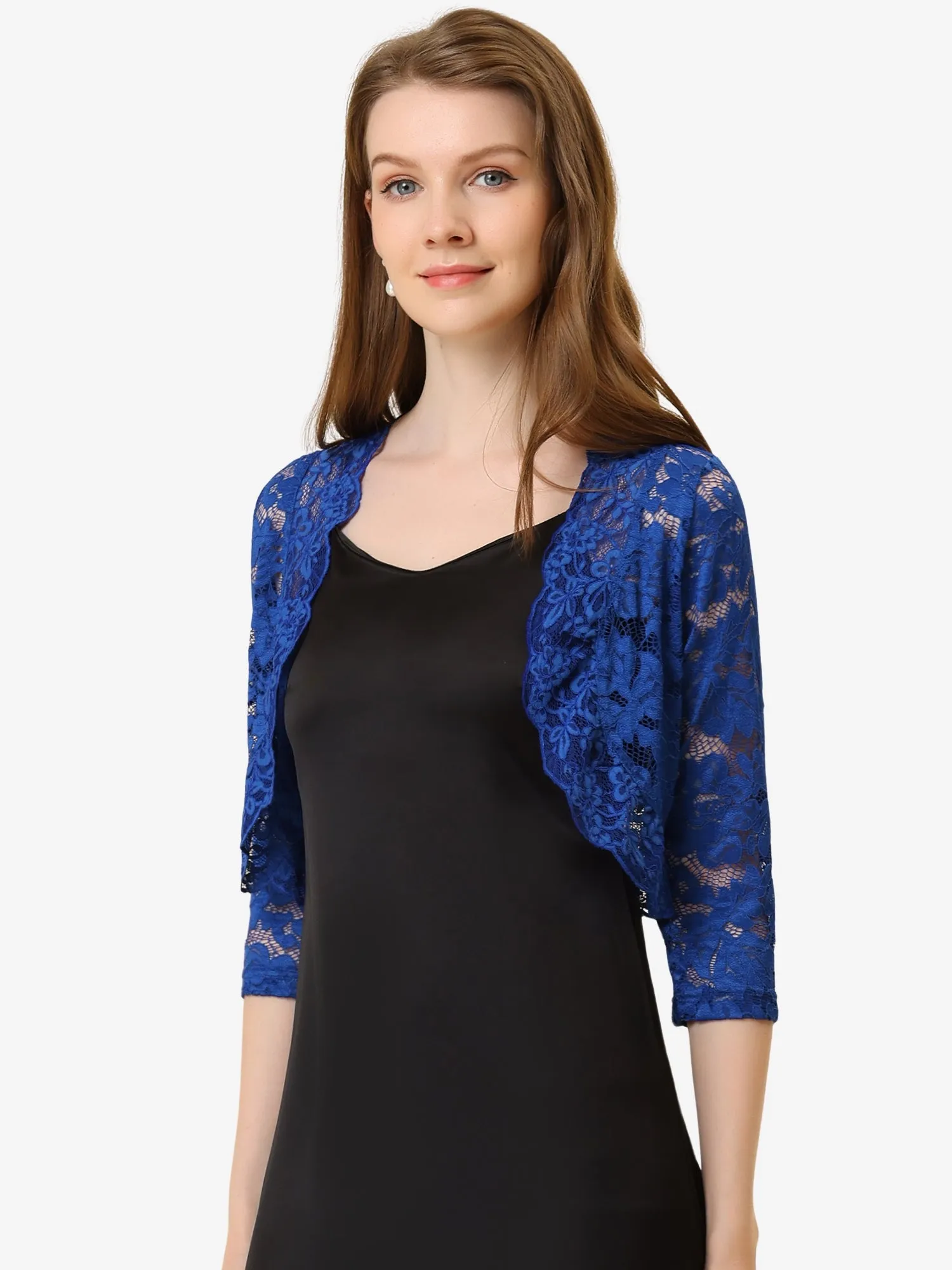 Sheer Floral Elegant 3/4 Sleeve Lace Shrug sold by Allegra K