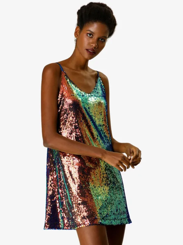 Glitter V Neck Spaghetti Strap Clubwear Mini Party Dress sold by Allegra K