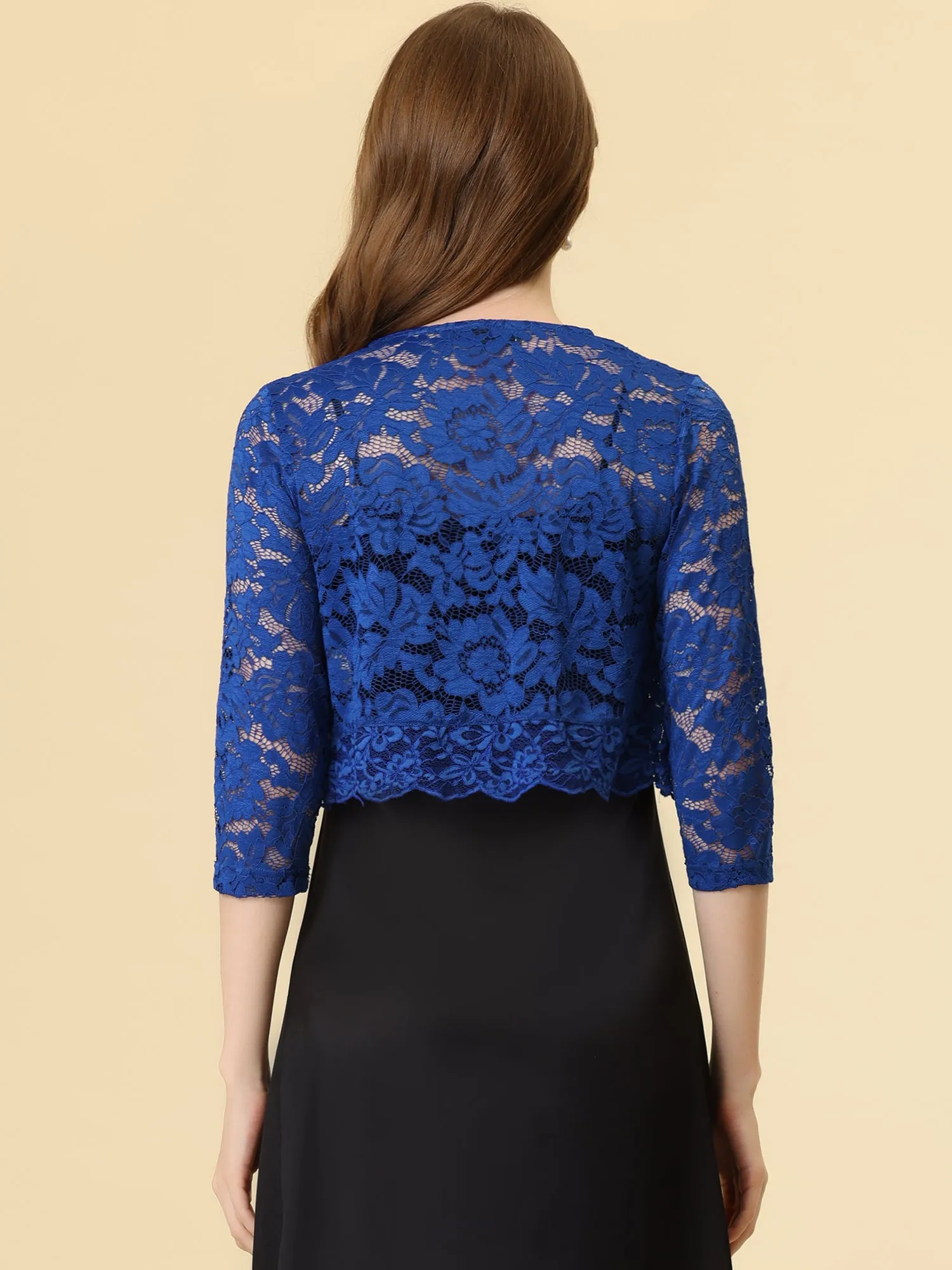 Sheer Floral Elegant 3/4 Sleeve Lace Shrug sold by Allegra K product image thumbnail 5