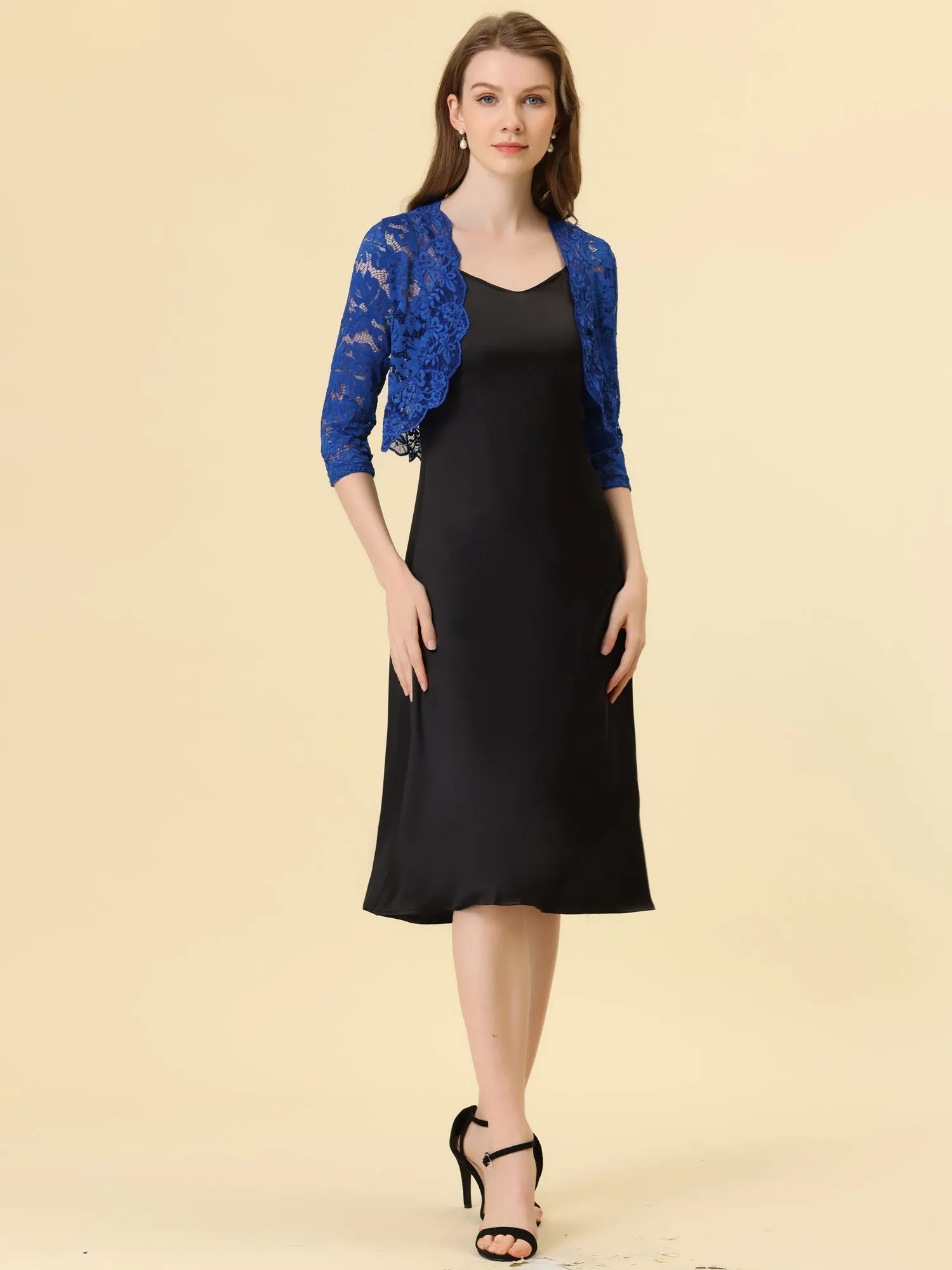 Sheer Floral Elegant 3/4 Sleeve Lace Shrug sold by Allegra K product image thumbnail 4