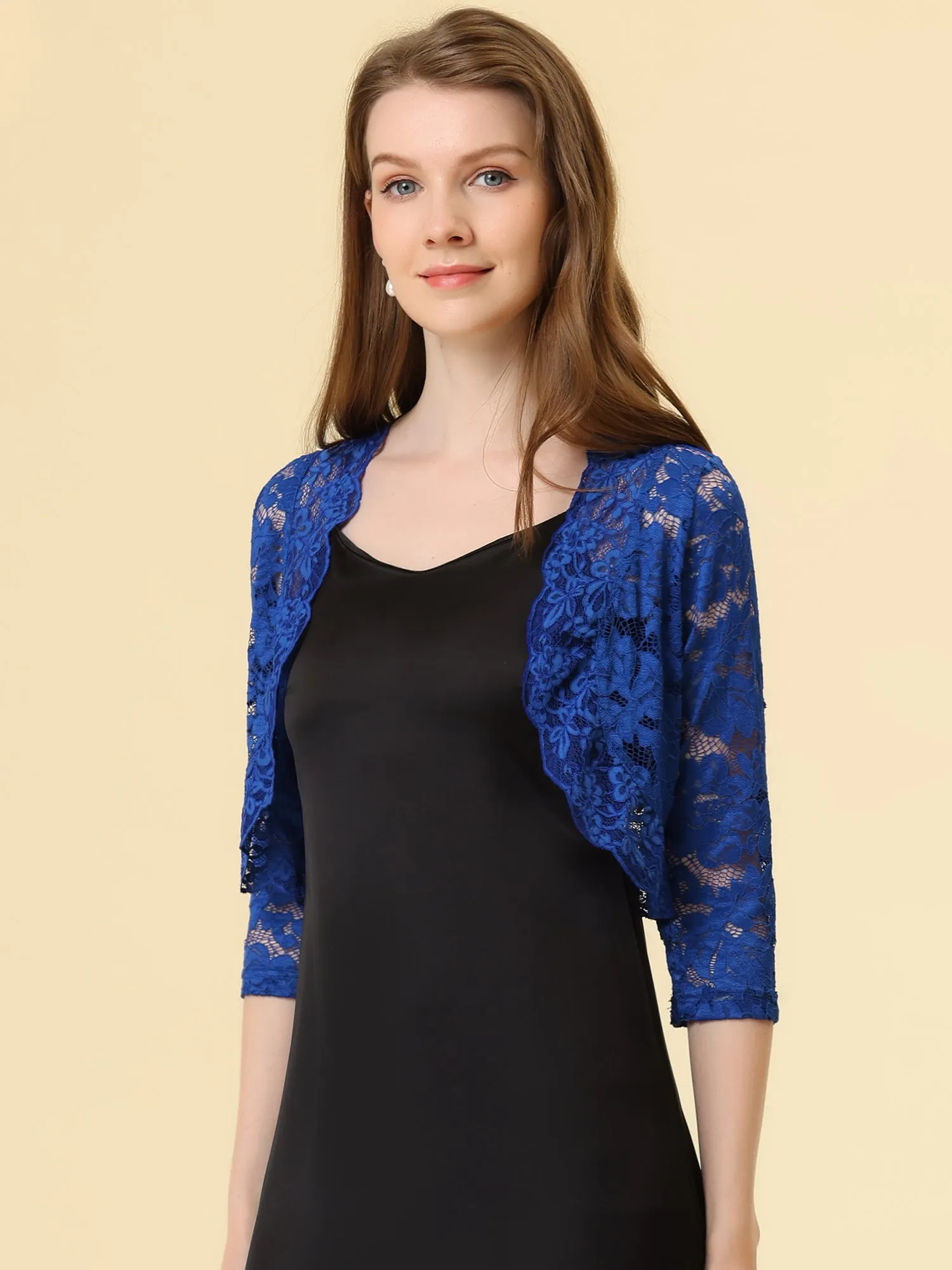 Sheer Floral Elegant 3/4 Sleeve Lace Shrug sold by Allegra K product image thumbnail 3