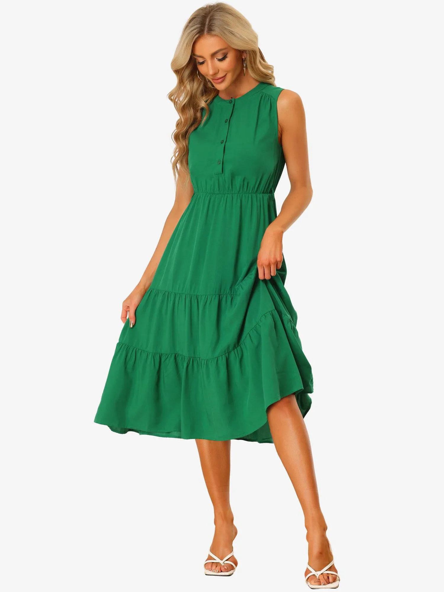 Summer Sleeveless Casual Elastic Waist Belted Tiered Midi Dress Sundress sold by Allegra K