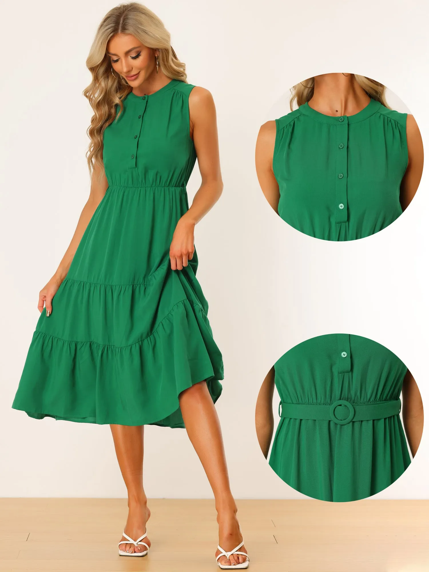 Summer Sleeveless Casual Elastic Waist Belted Tiered Midi Dress Sundress sold by Allegra K product image thumbnail 2