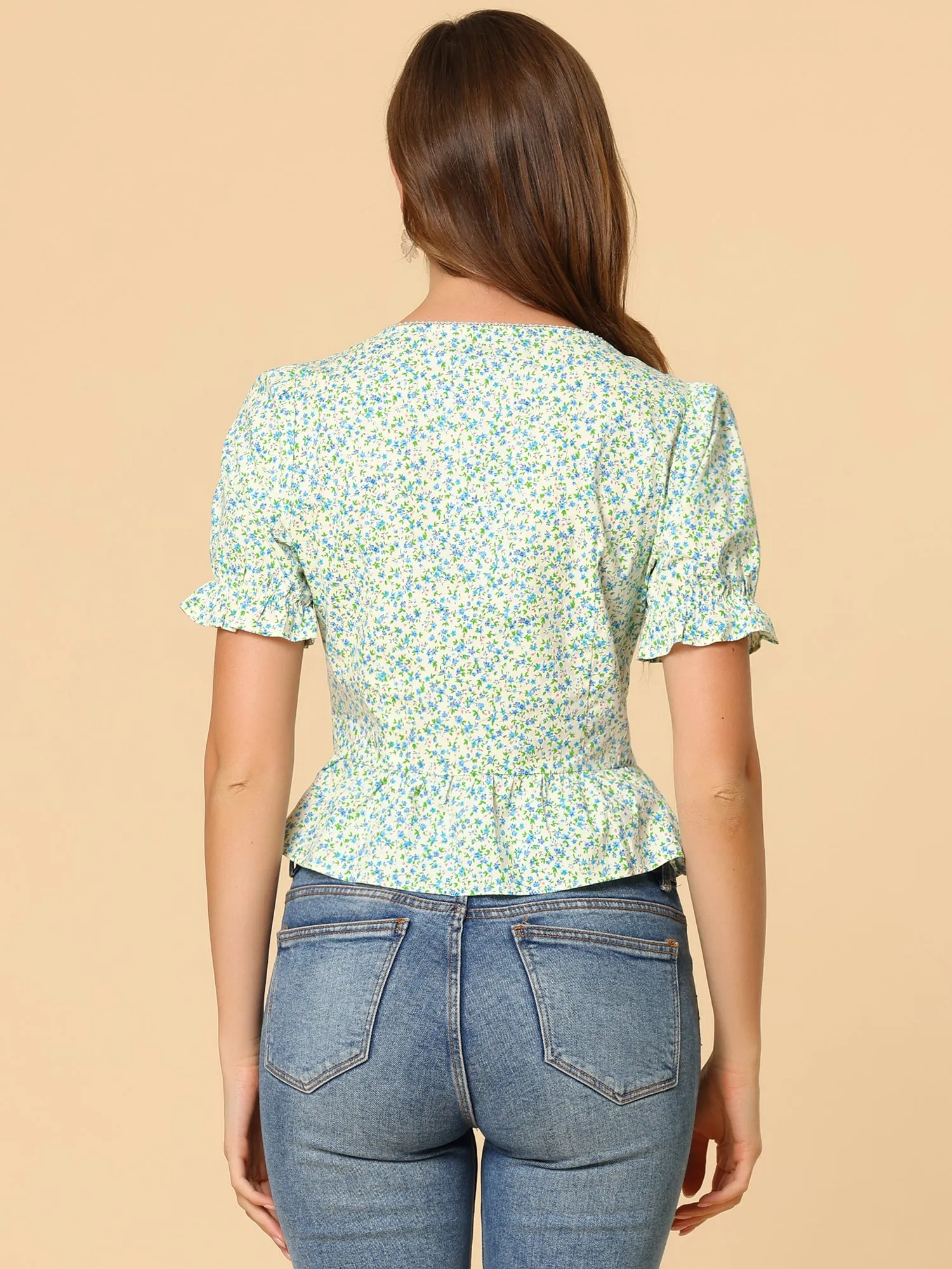 Floral Square Neck Short Sleeve Ruffled Hem Peplum Blouse sold by Allegra K product image thumbnail 5