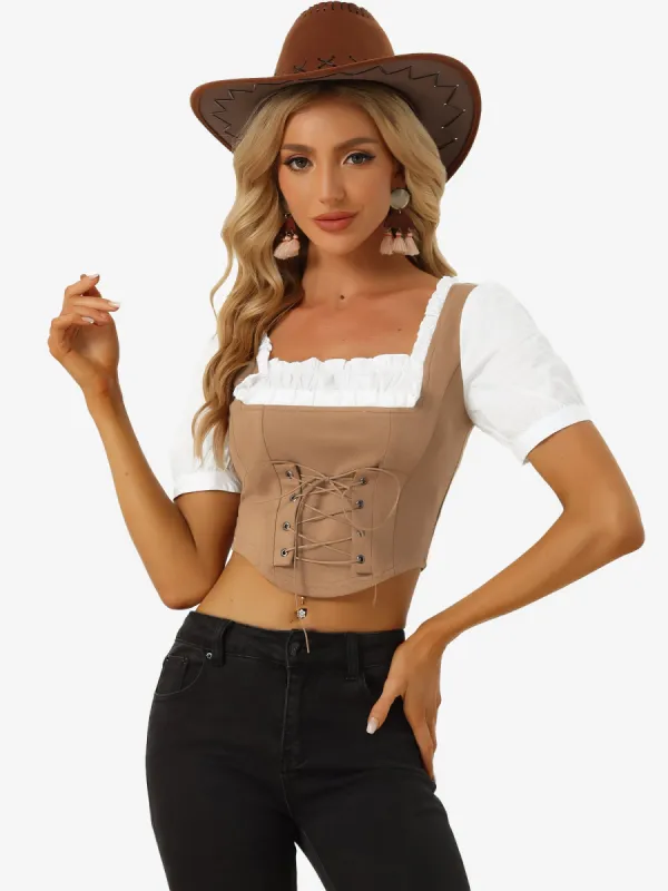 Contrast Puff Sleeve Cowgirl Lace Up Faux Suede Cropped Blouse sold by Allegra K