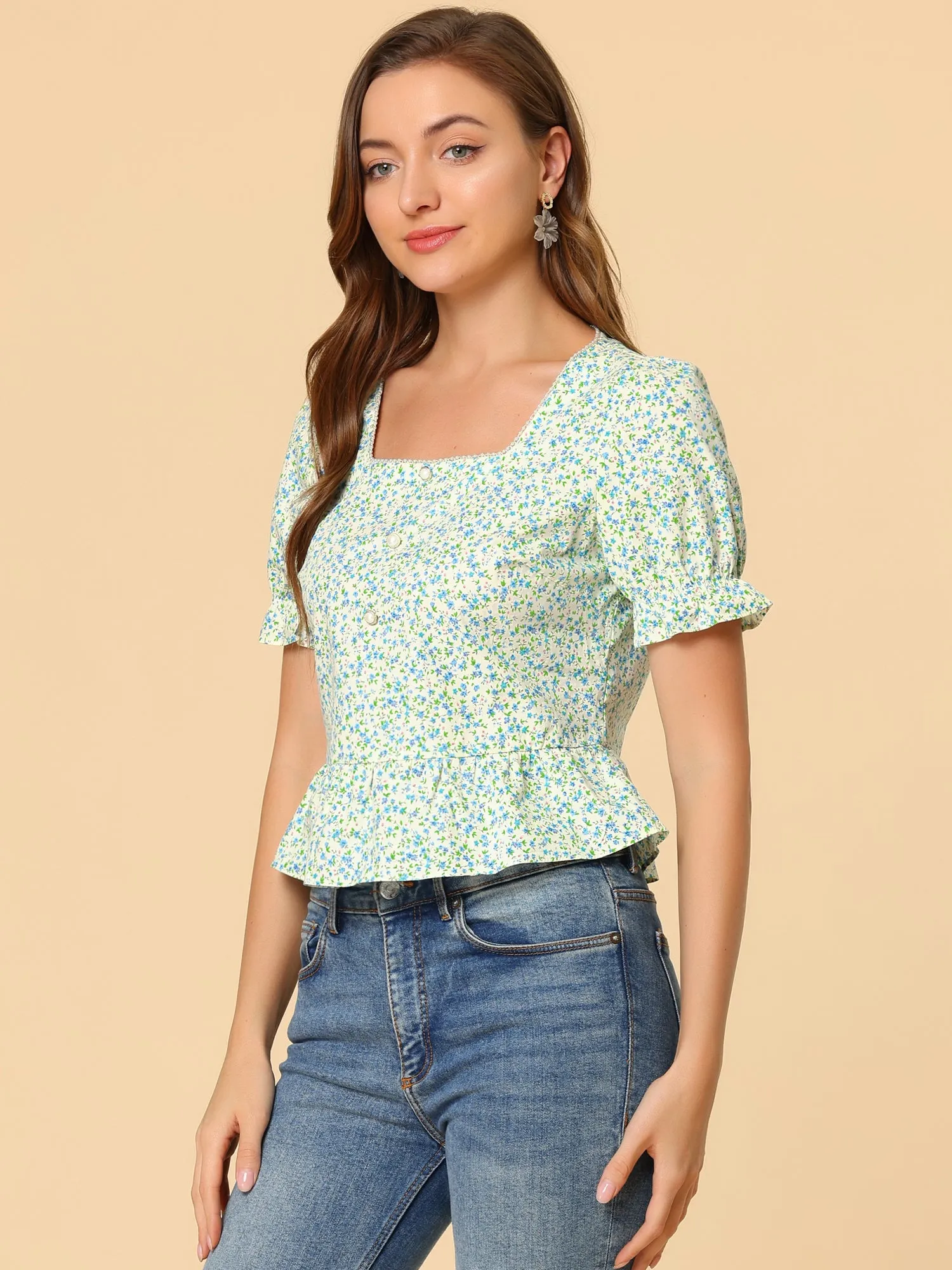 Floral Square Neck Short Sleeve Ruffled Hem Peplum Blouse sold by Allegra K product image thumbnail 4