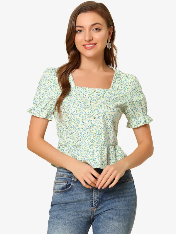 Floral Square Neck Short Sleeve Ruffled Hem Peplum Blouse sold by Allegra K