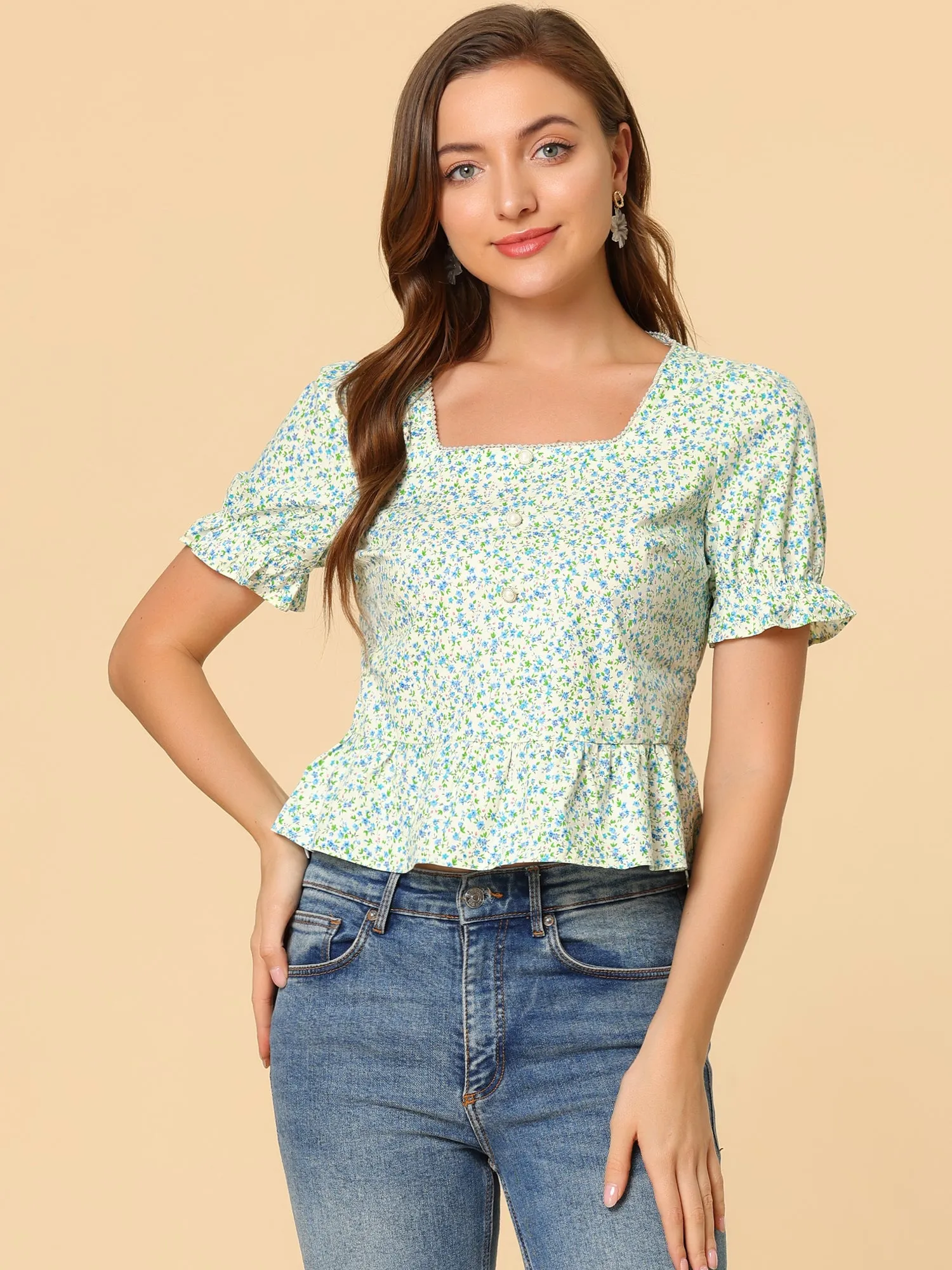 Floral Square Neck Short Sleeve Ruffled Hem Peplum Blouse sold by Allegra K product image thumbnail 3