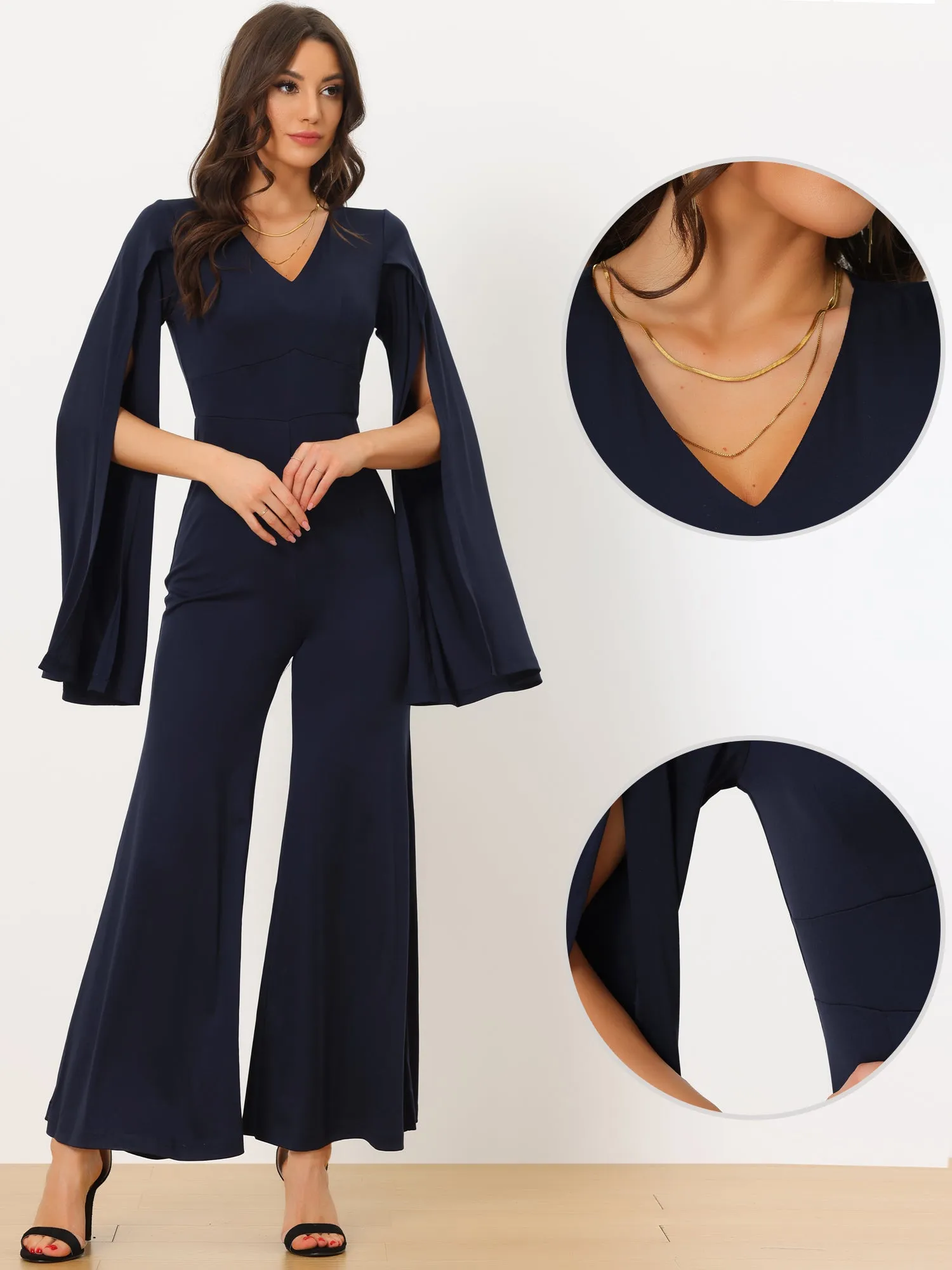 Dressy Slit Long Sleeves Sexy V Neck Jumpsuits sold by Allegra K product image thumbnail 2