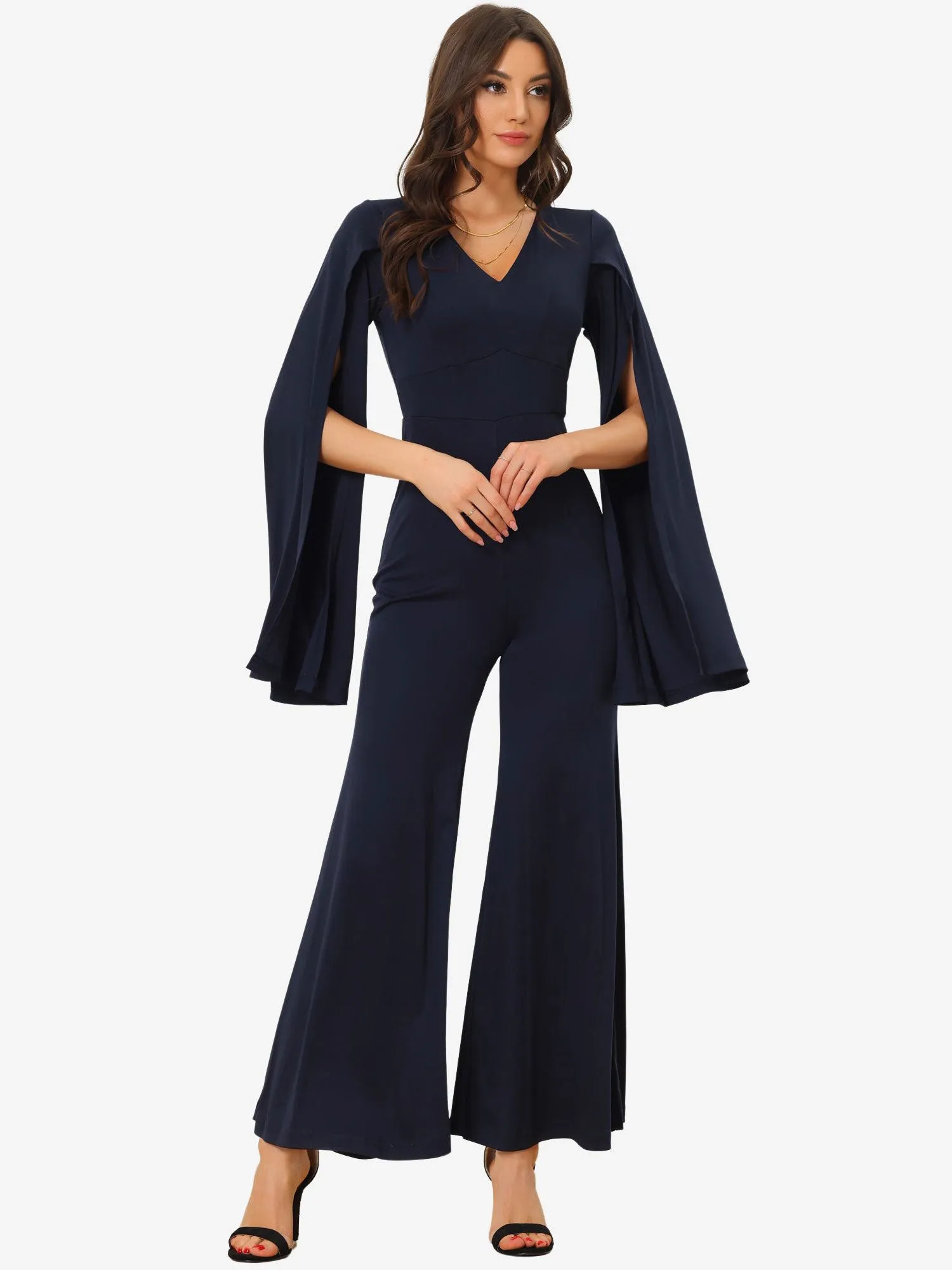 Dressy Slit Long Sleeves Sexy V Neck Jumpsuits sold by Allegra K
