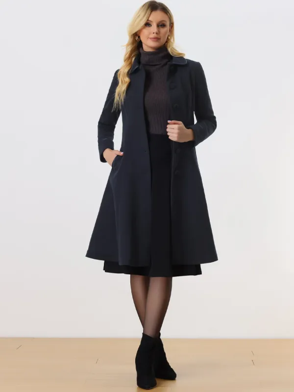 Women's Peter Pan Collar Single Breasted Belted Contrast Trim Swing Winter Coat sold by Allegra K