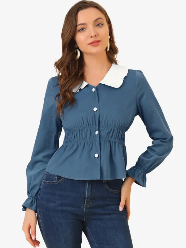 Contrast Ruffle Peter Pan Collar Smocked Waist Blouse sold by Allegra K