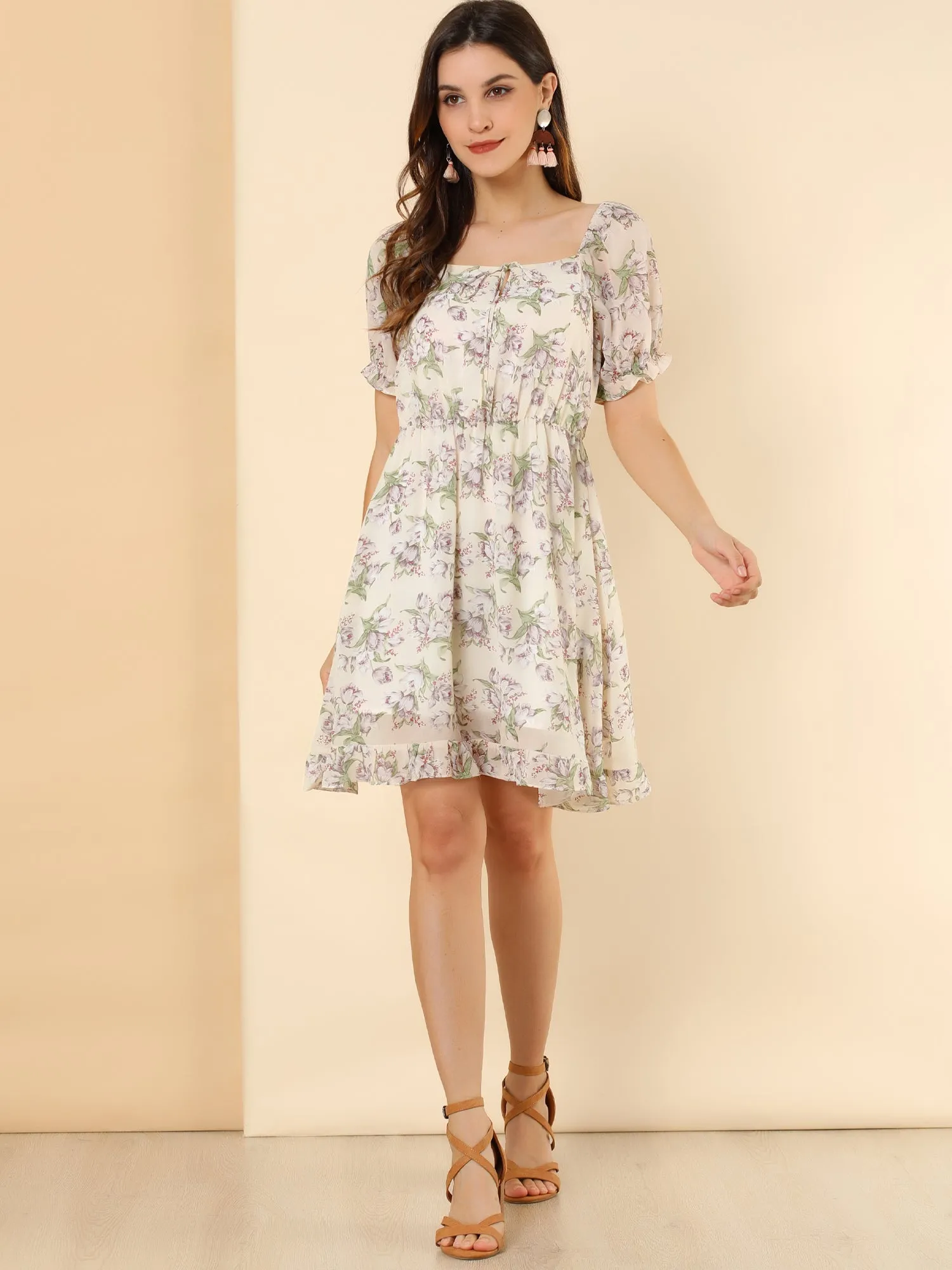 Retro Floral Bubble Sleeve Square Neck Mini Chiffon Dress sold by Allegra K product image thumbnail 2