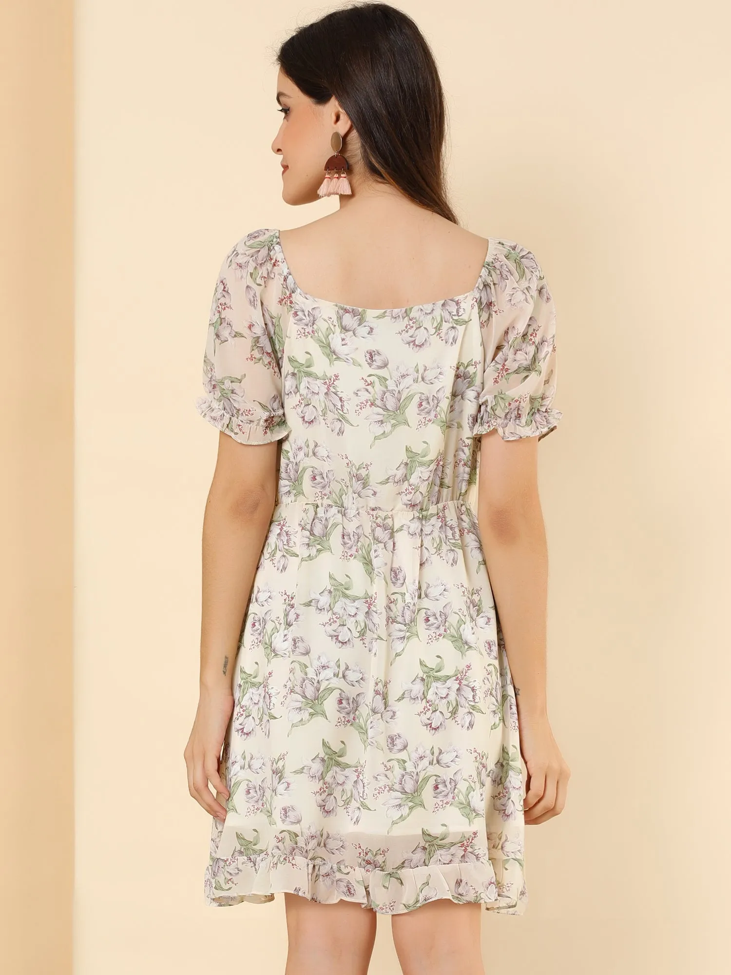 Retro Floral Bubble Sleeve Square Neck Mini Chiffon Dress sold by Allegra K product image thumbnail 4