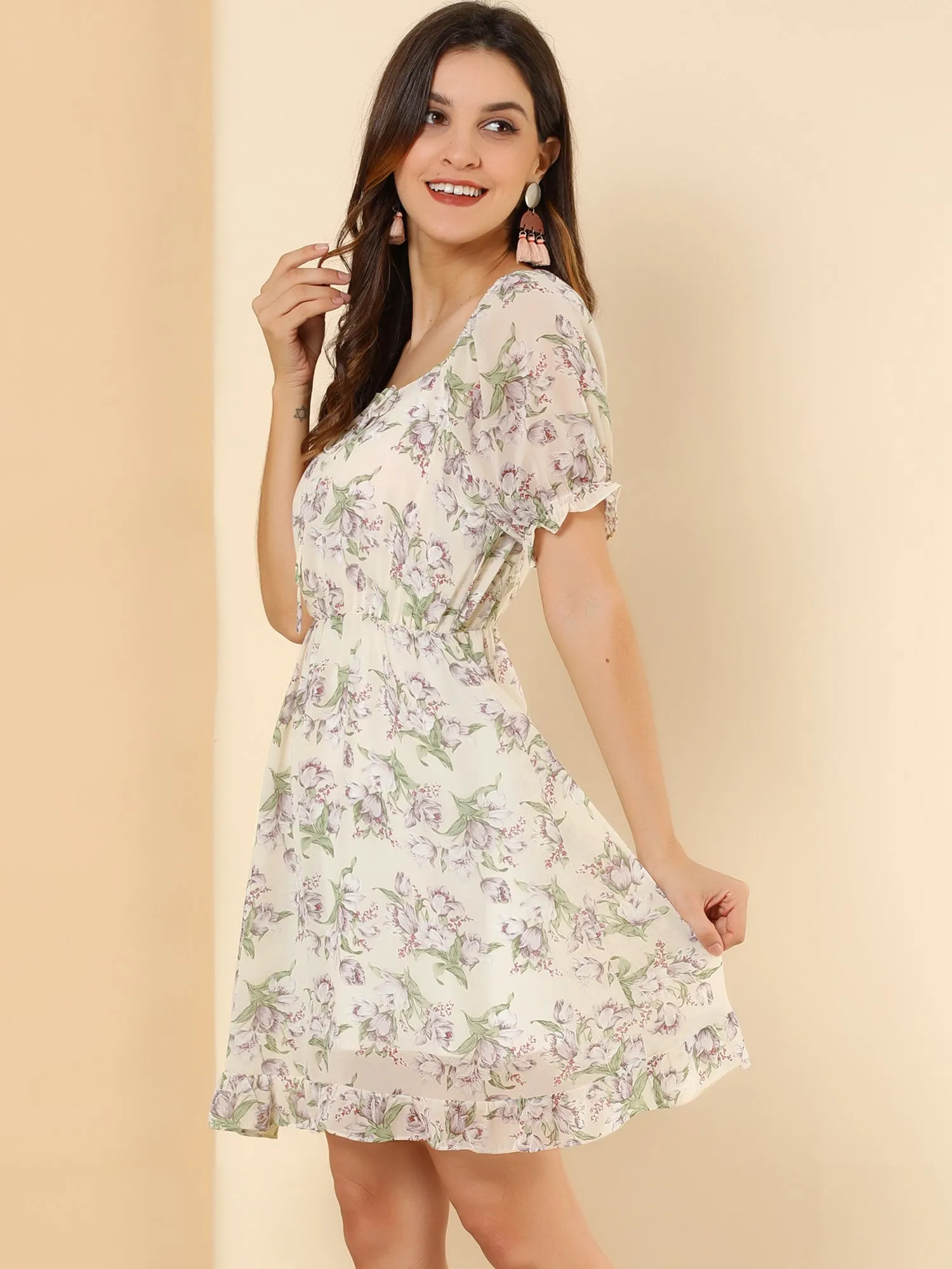 Retro Floral Bubble Sleeve Square Neck Mini Chiffon Dress sold by Allegra K product image thumbnail 3