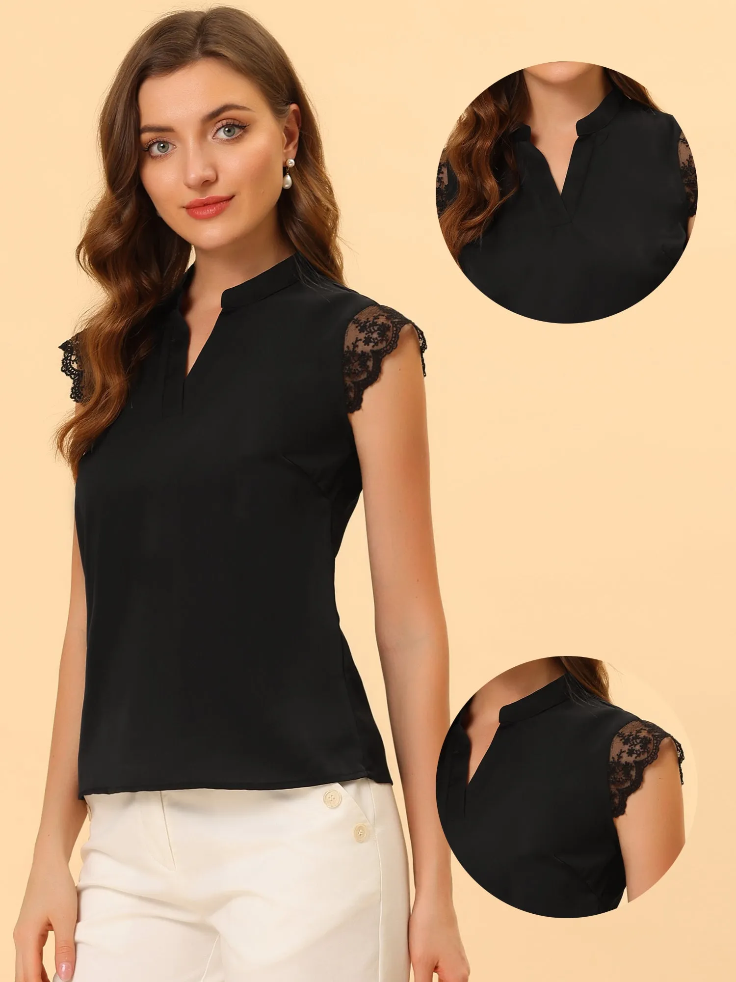 Work Top Office Lace Cap Sleeve Basic Shirt Blouse sold by Allegra K product image thumbnail 2