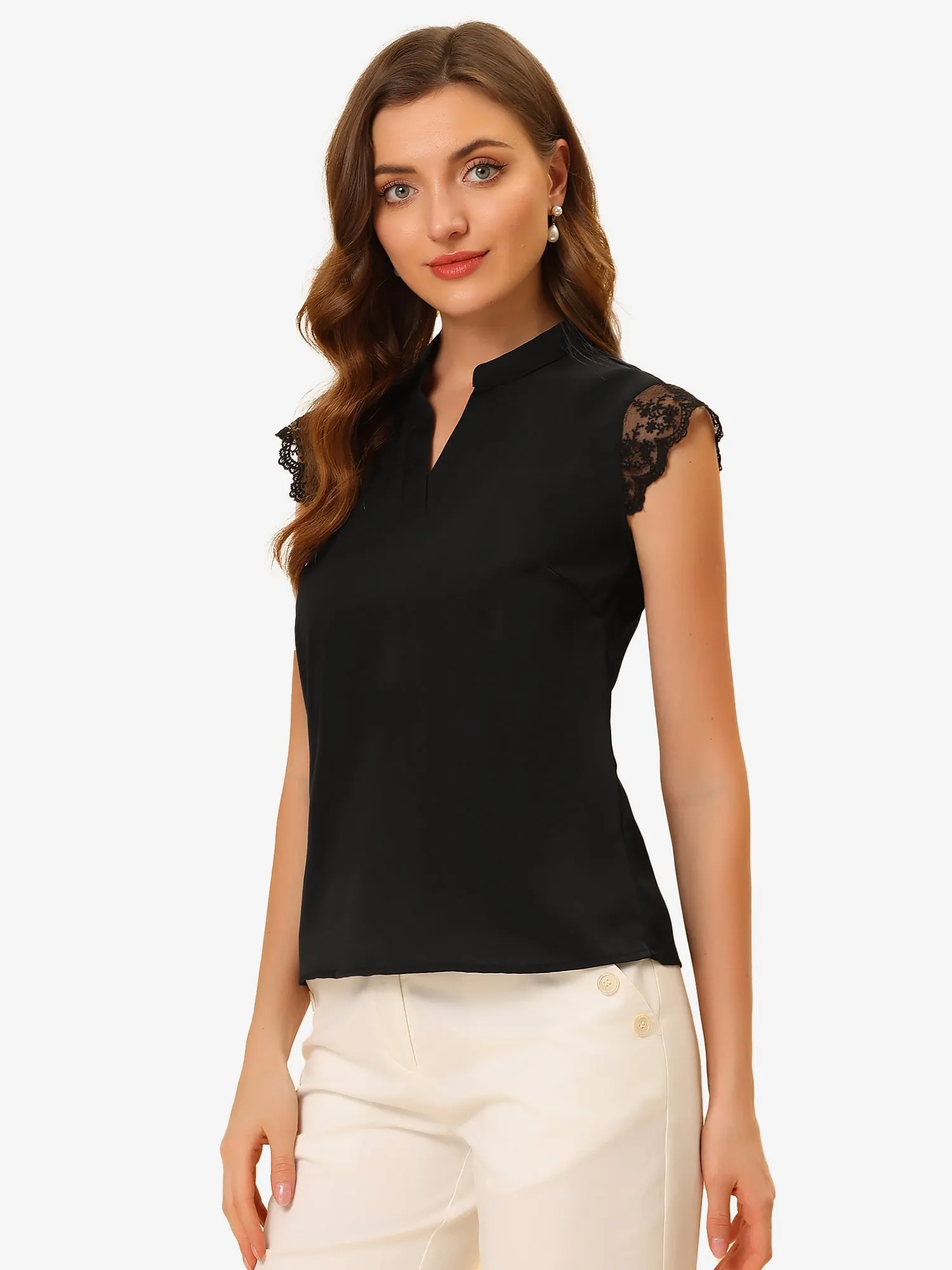 Work Top Office Lace Cap Sleeve Basic Shirt Blouse sold by Allegra K