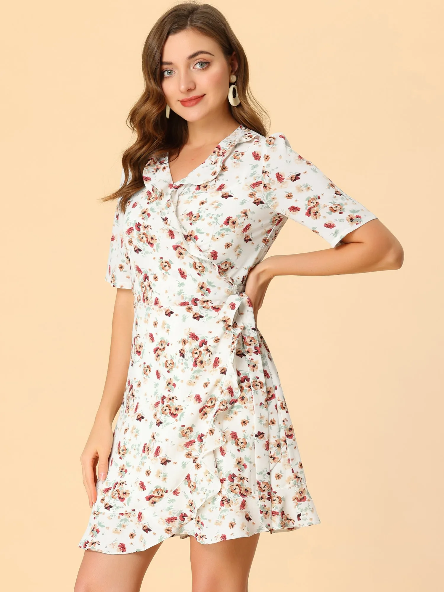 Floral Ruffle Wrap Self Tie Above Knee Length Short Sleeve Dress sold by Allegra K product image thumbnail 3