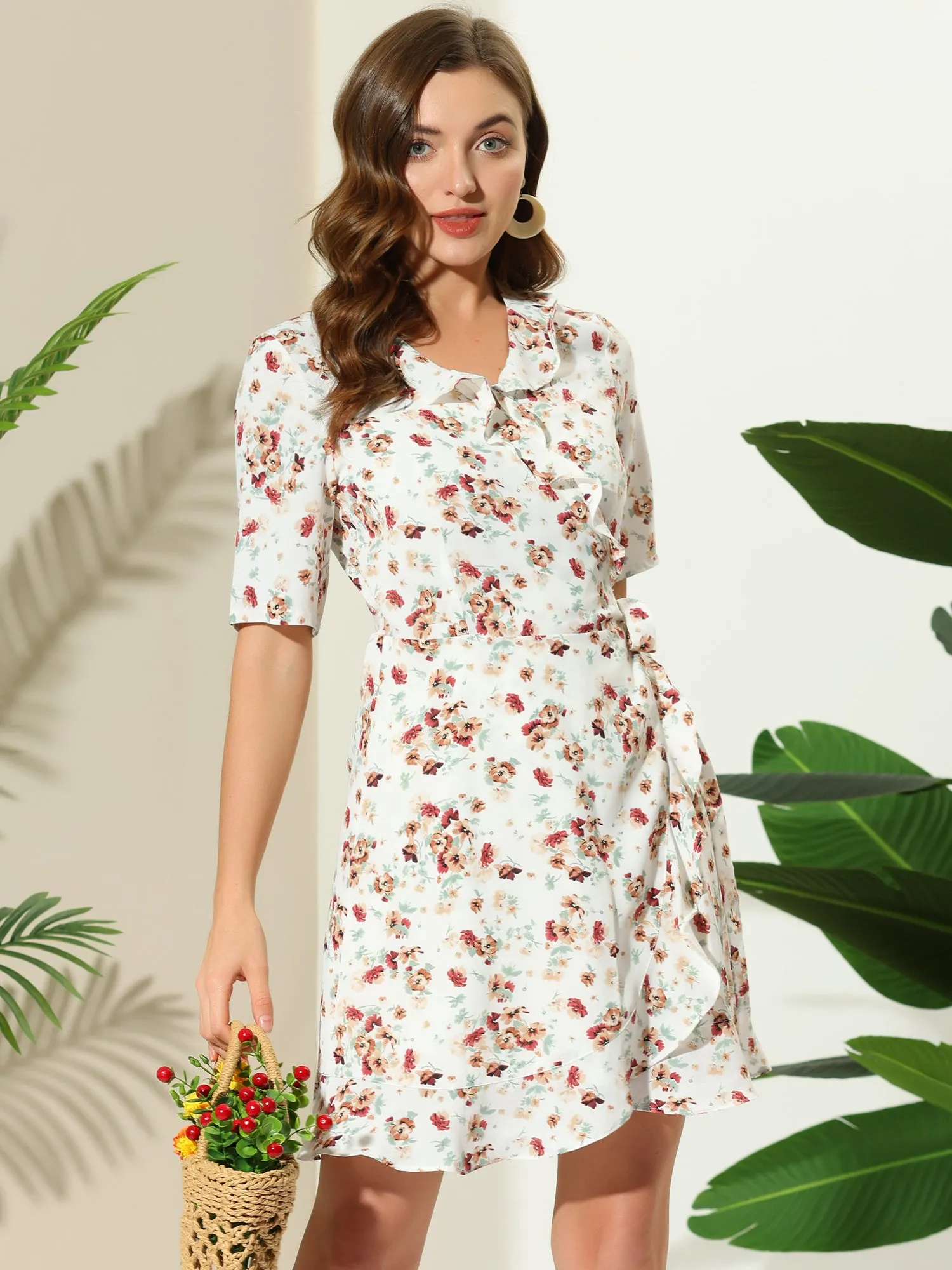 Floral Ruffle Wrap Self Tie Above Knee Length Short Sleeve Dress sold by Allegra K