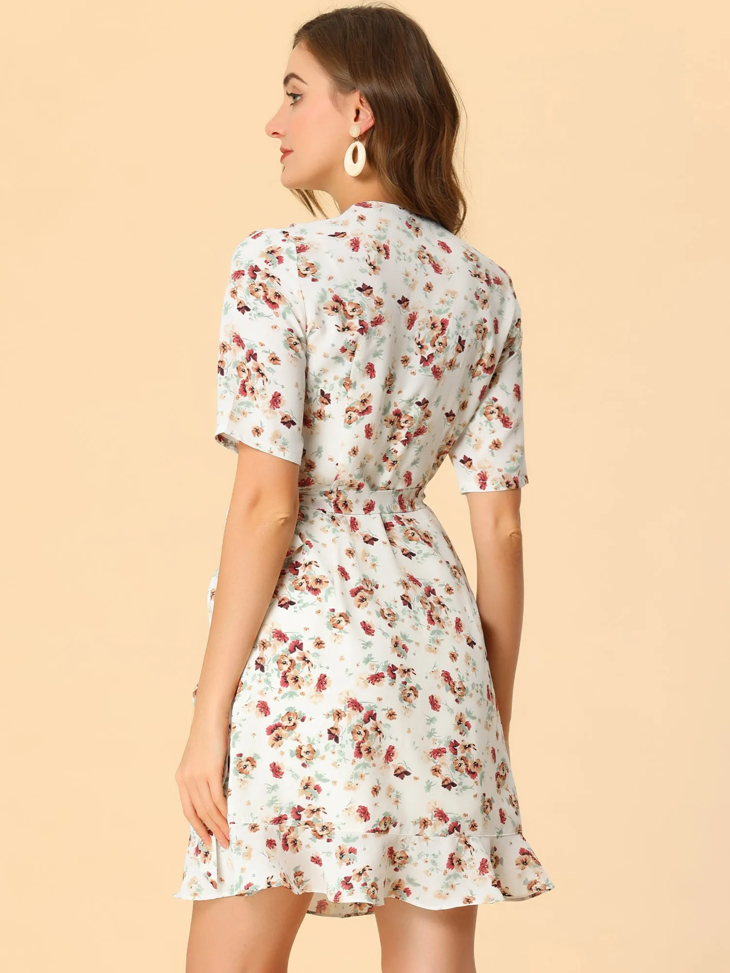 Floral Ruffle Wrap Self Tie Above Knee Length Short Sleeve Dress sold by Allegra K product image thumbnail 4
