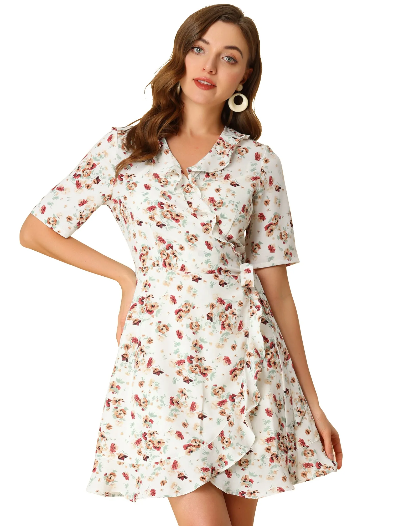 Floral Ruffle Wrap Self Tie Above Knee Length Short Sleeve Dress sold by Allegra K product image thumbnail 2