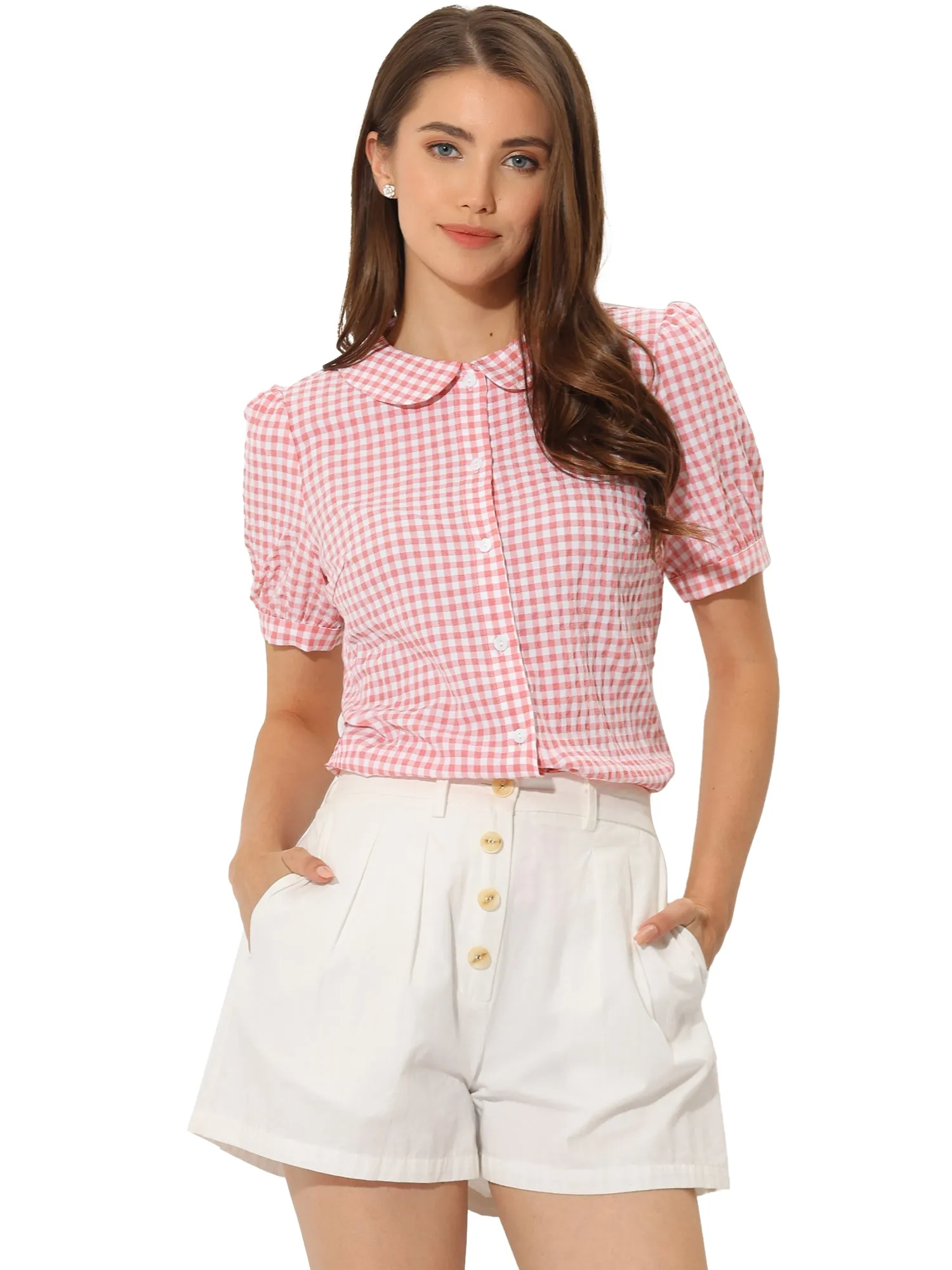Plaid Puff Short Sleeve Gingham Peter Pan Collar Button Down Shirt sold by Allegra K product image thumbnail 5