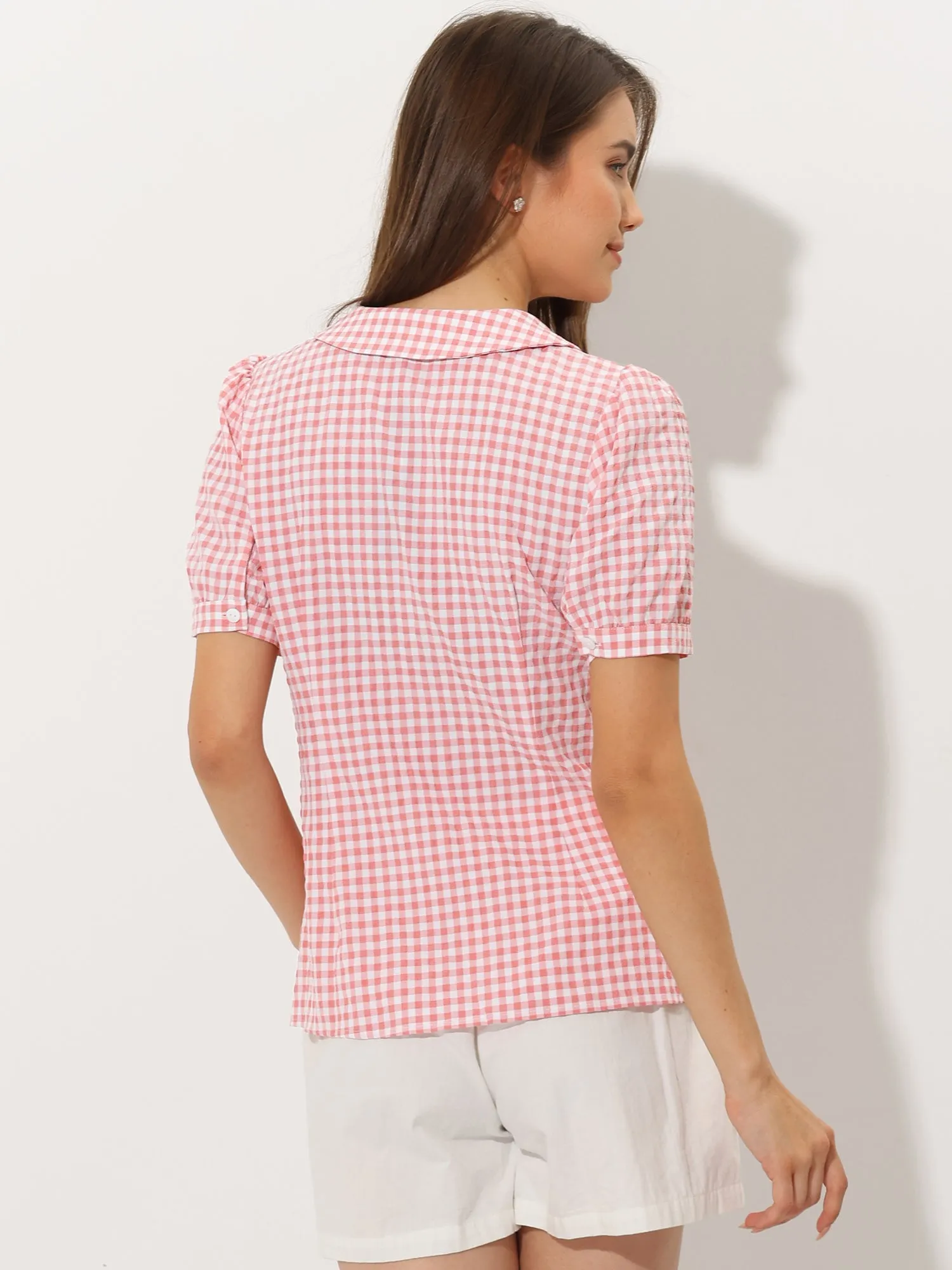 Plaid Puff Short Sleeve Gingham Peter Pan Collar Button Down Shirt sold by Allegra K product image thumbnail 3