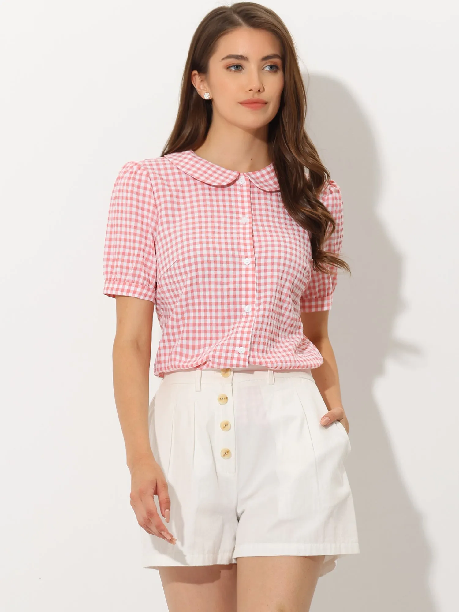 Plaid Puff Short Sleeve Gingham Peter Pan Collar Button Down Shirt sold by Allegra K