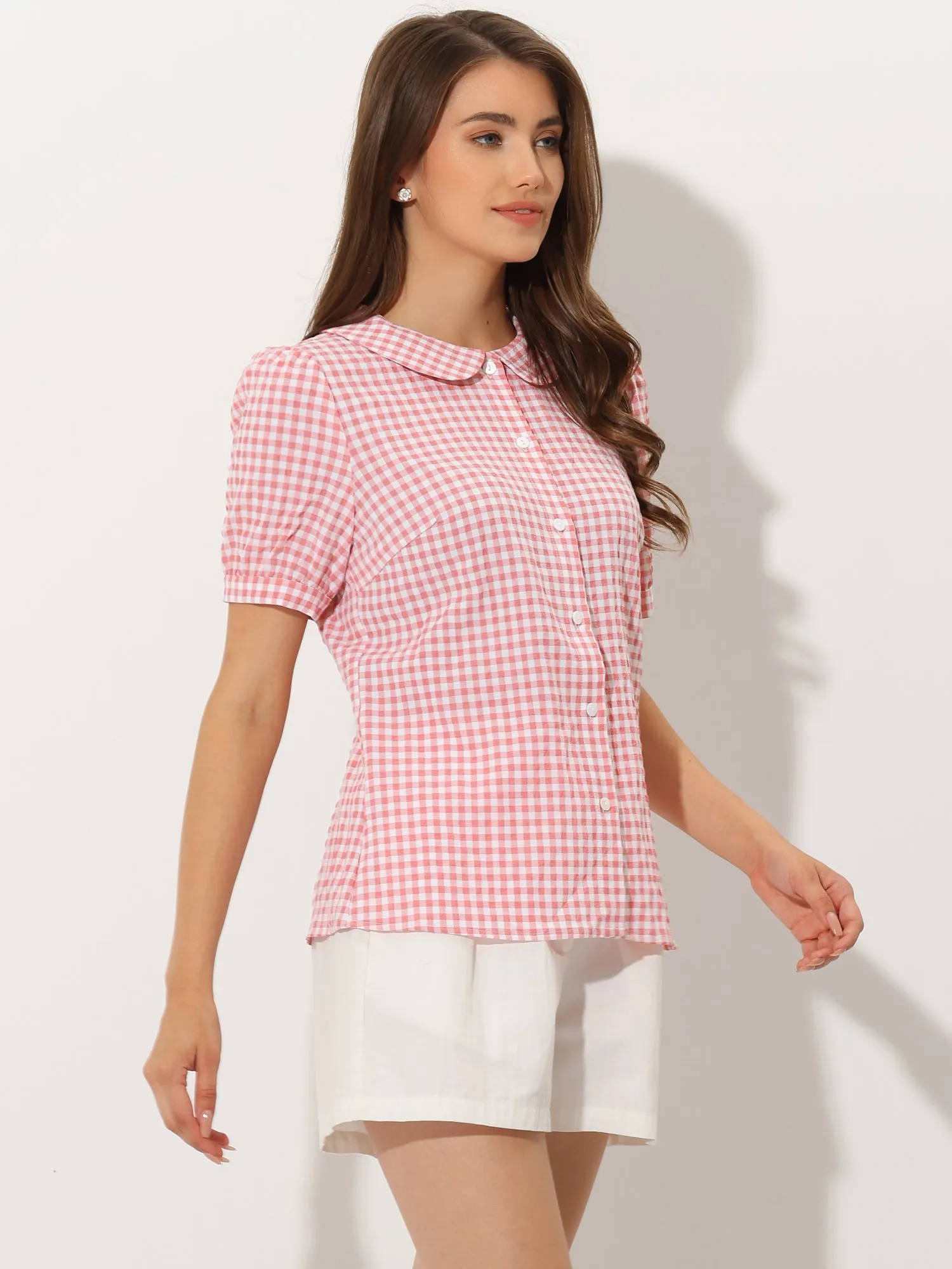 Plaid Puff Short Sleeve Gingham Peter Pan Collar Button Down Shirt sold by Allegra K product image thumbnail 2