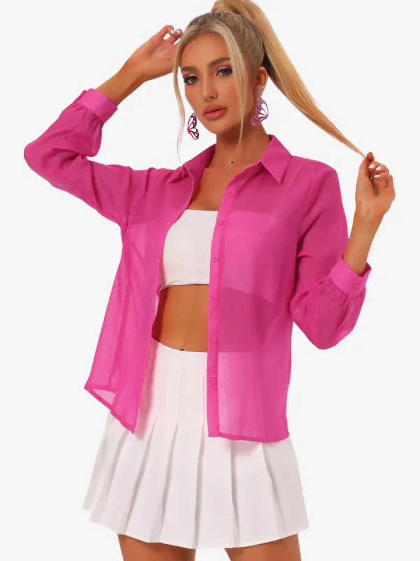 Sheer Button Up See Through Mesh Long Sleeve Blouse Shirt sold by Allegra K