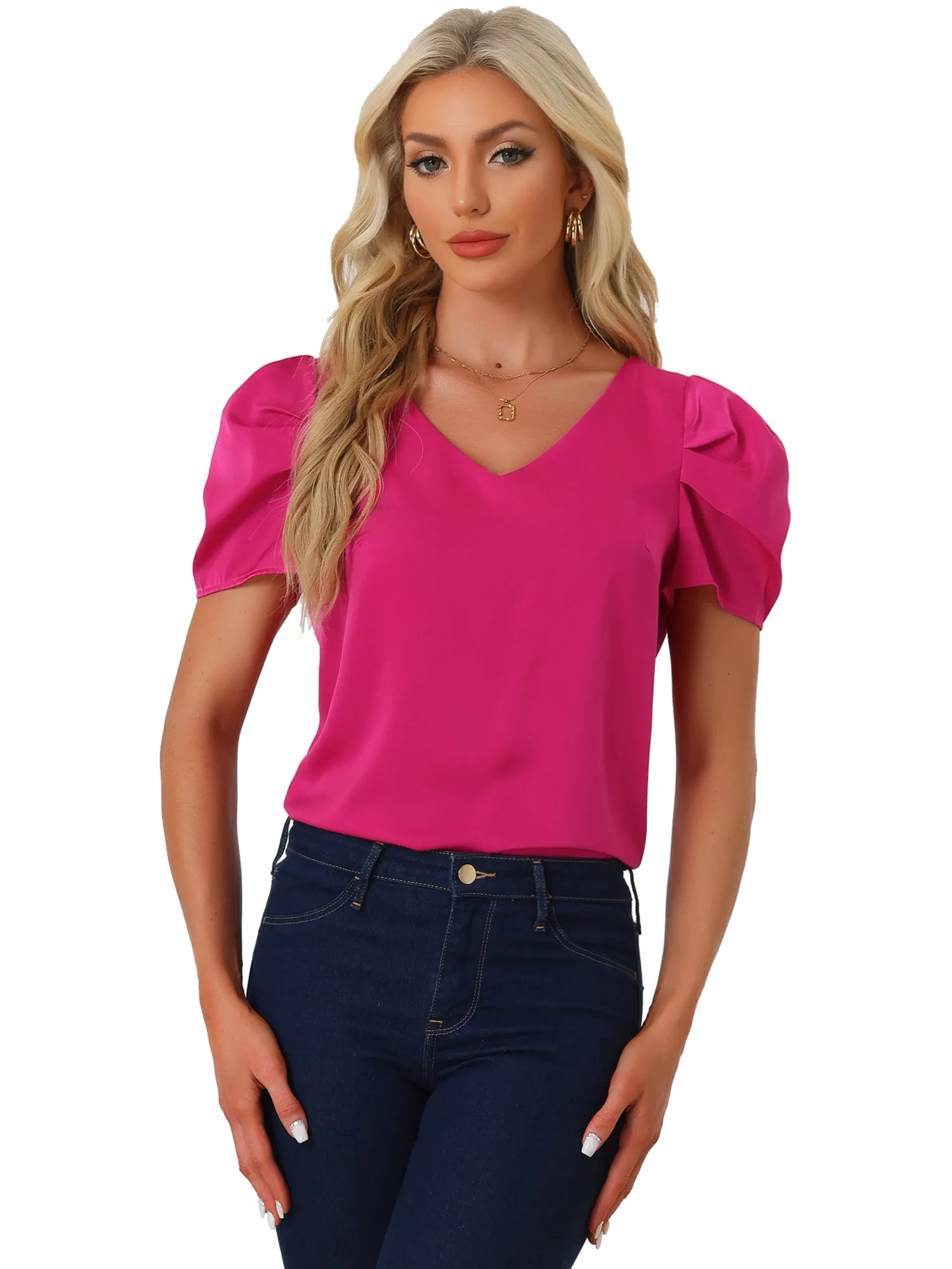 Satin Blouse V Neck Short Puff Sleeve Casual Tops sold by Allegra K product image thumbnail 4