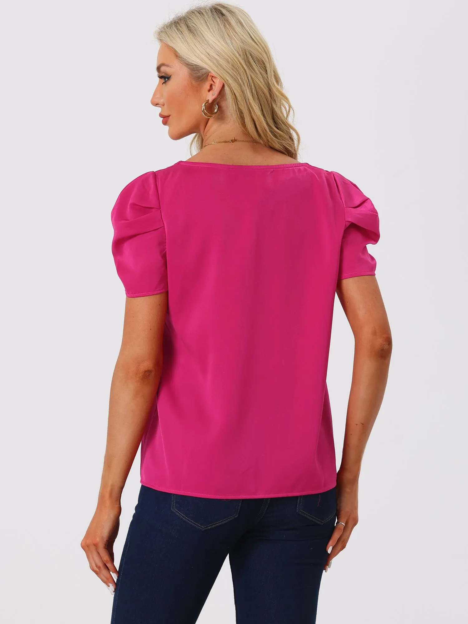 Satin Blouse V Neck Short Puff Sleeve Casual Tops sold by Allegra K product image thumbnail 3