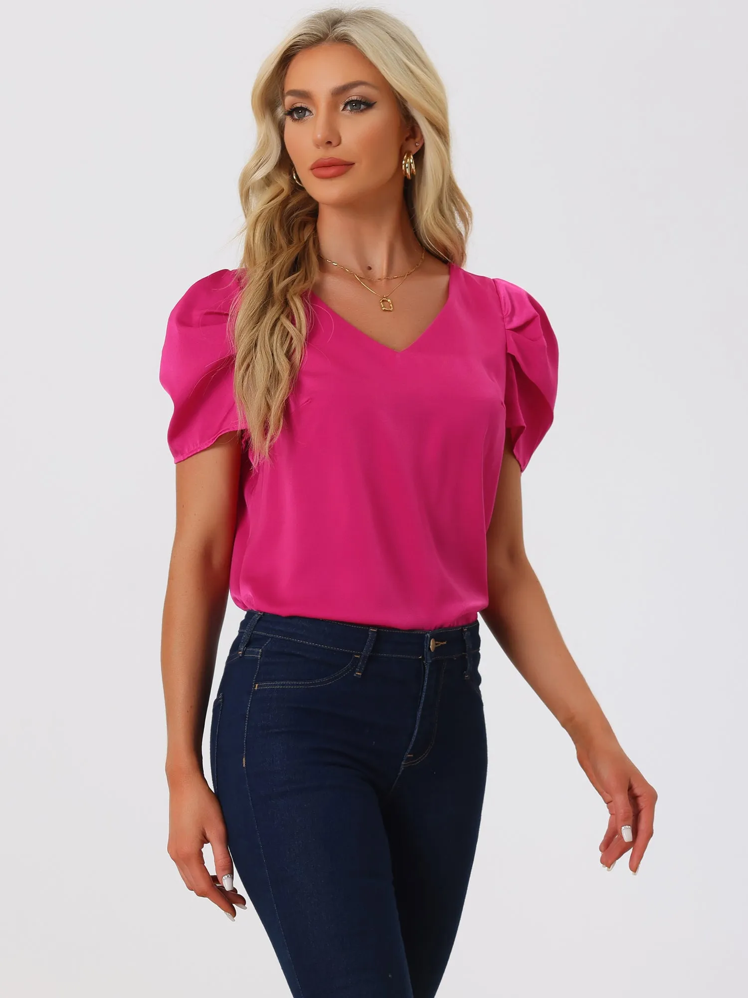 Satin Blouse V Neck Short Puff Sleeve Casual Tops sold by Allegra K