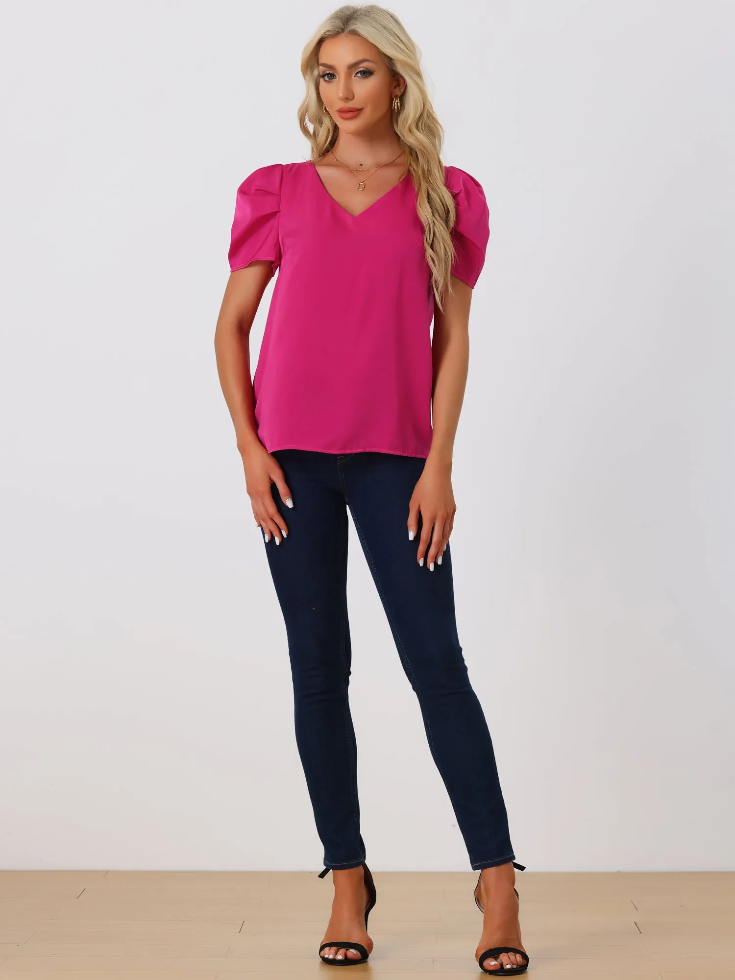 Satin Blouse V Neck Short Puff Sleeve Casual Tops sold by Allegra K product image thumbnail 2