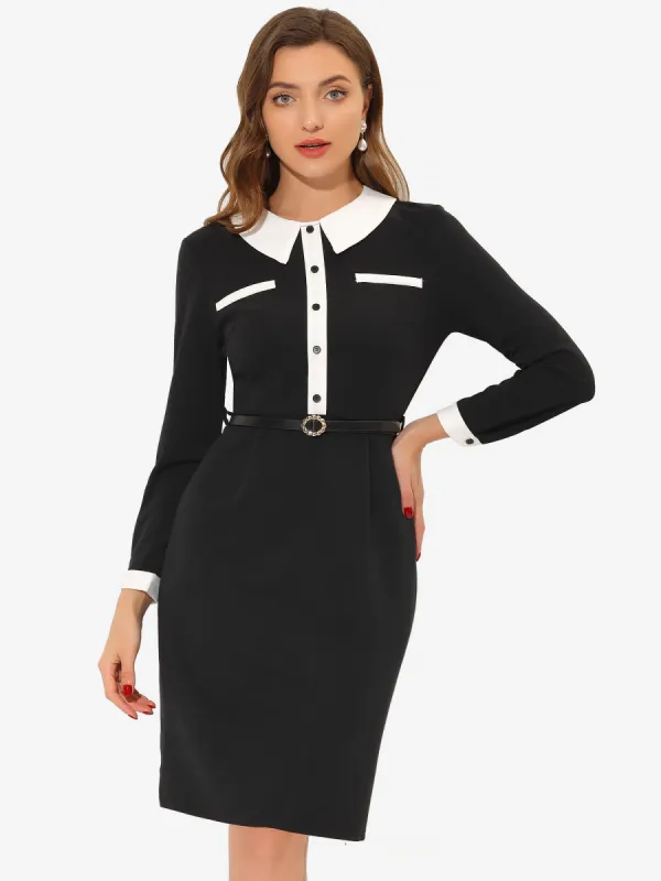 Sheath Contrast Collar Knee Length Belted 1950s Vintage Dress sold by Allegra K