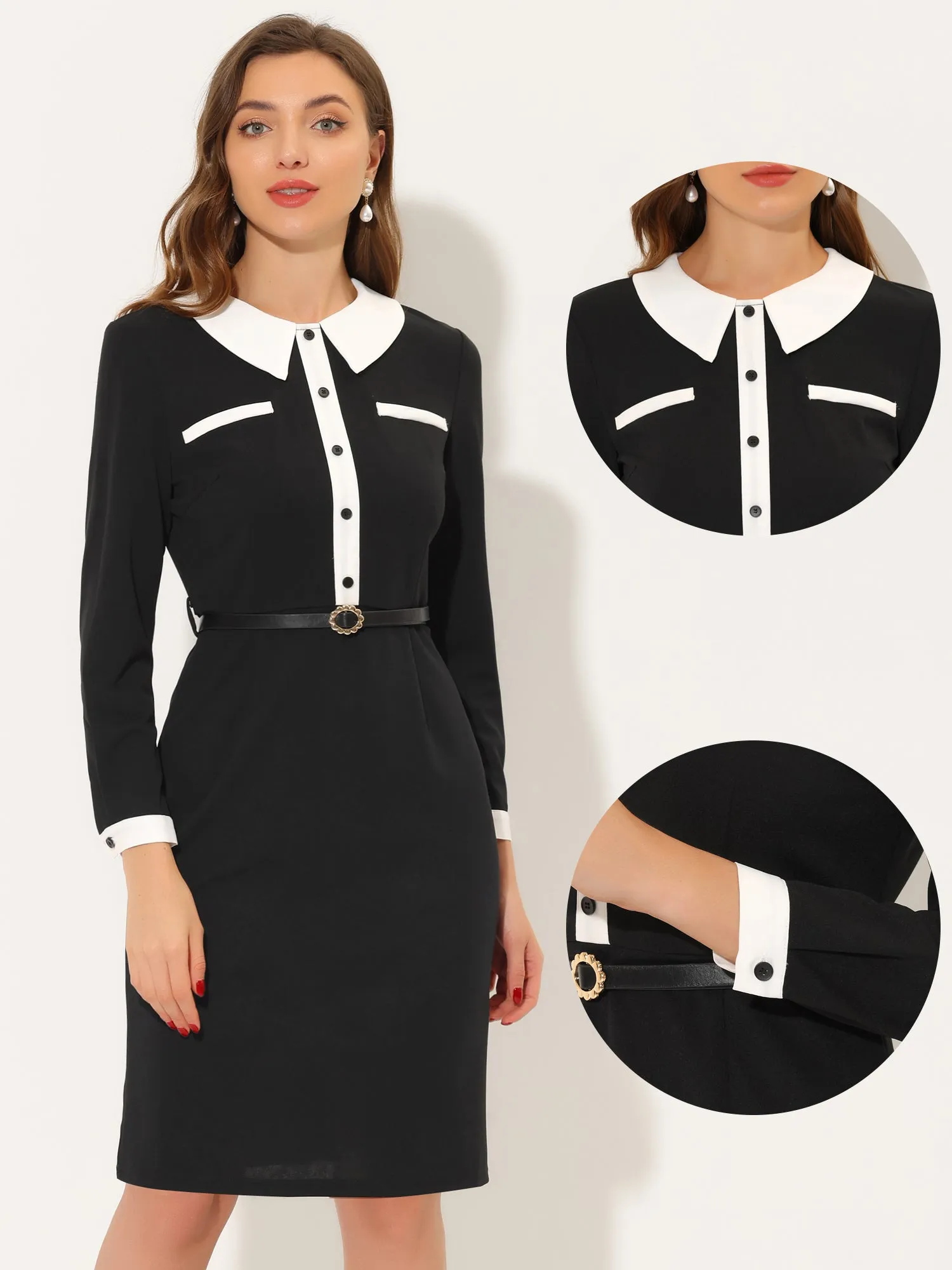 Sheath Contrast Collar Knee Length Belted 1950s Vintage Dress sold by Allegra K product image thumbnail 4