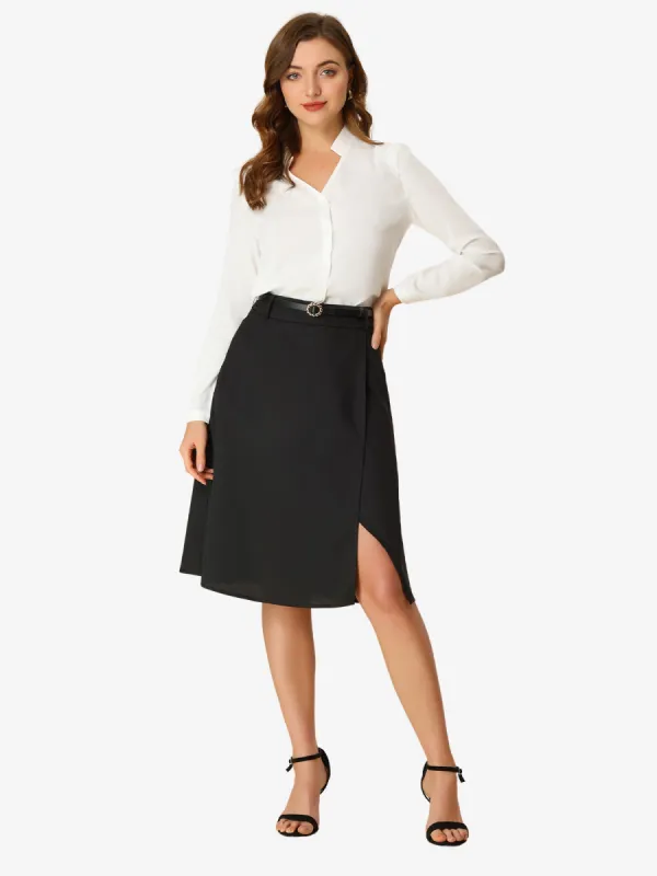 Office Work Split Side A-Line Belt High Waist Skirt sold by Allegra K