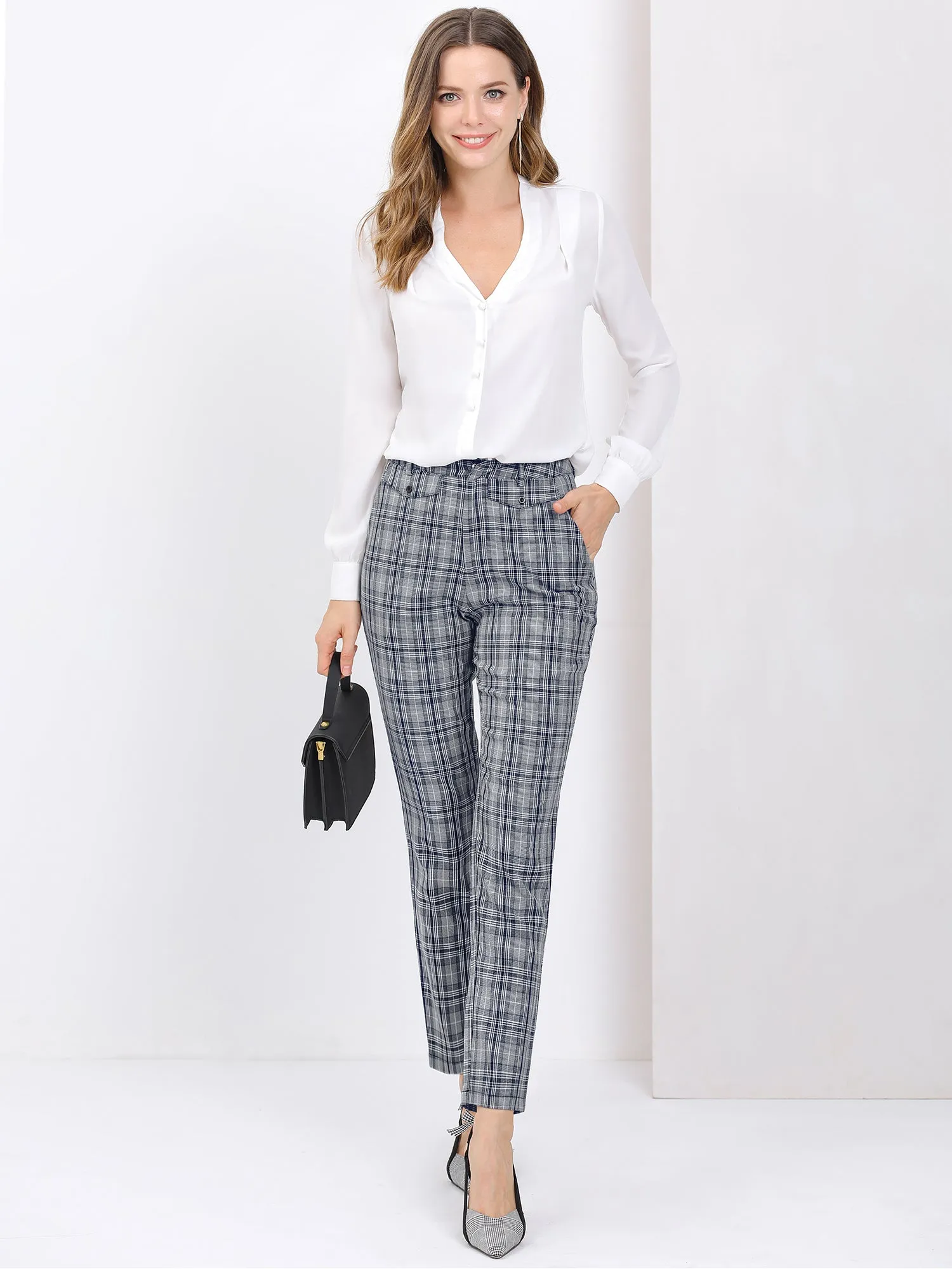 Plaid High Waisted Straight Pant Ankle Tartan Office Trousers sold by Allegra K product image thumbnail 2