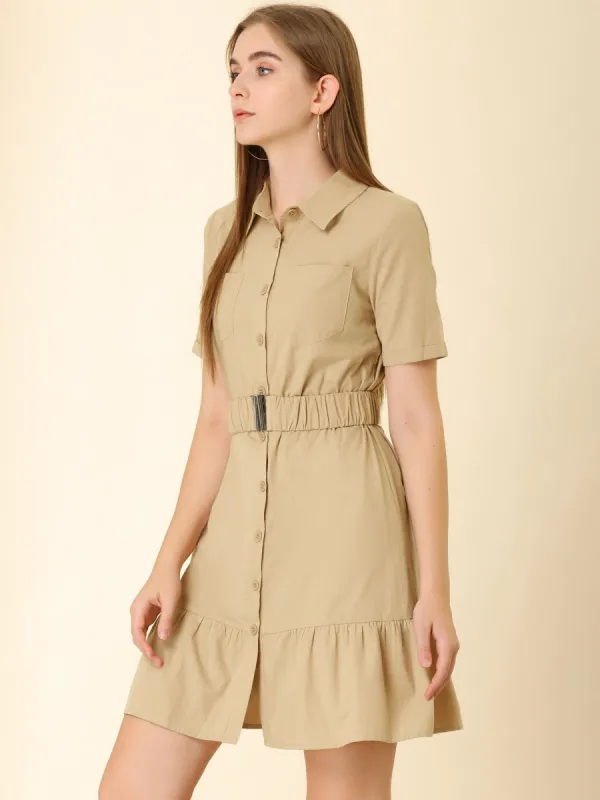 Safari Button-Down Shift Belted Ruffle Cotton Office Shirt Dress sold by Allegra K