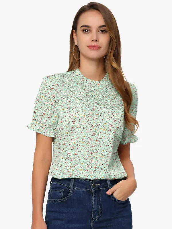 Floral Print Ruffled Mock Neck Short Sleeve Smocked Front Blouse sold by Allegra K