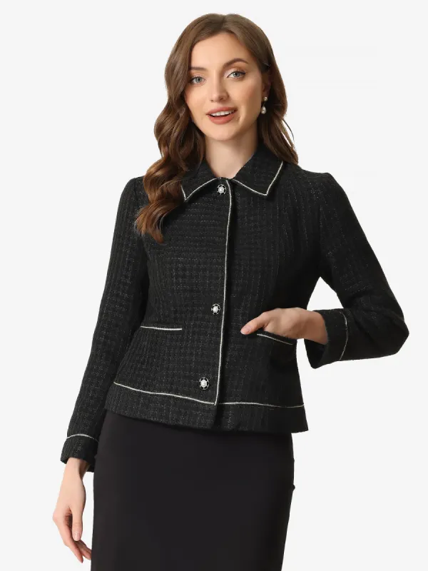 Collared Long Sleeve Contrast Trim Button Down Work Short Jacket sold by Allegra K
