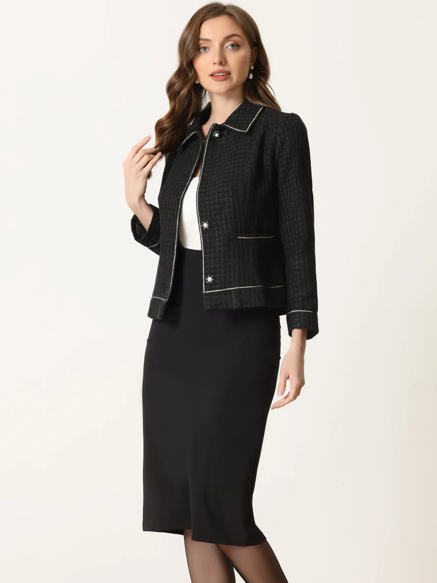 Collared Long Sleeve Contrast Trim Button Down Work Short Jacket sold by Allegra K product image thumbnail 5